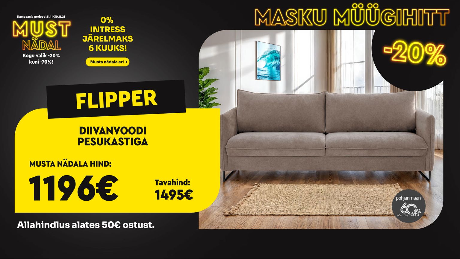 flipper diivanvoodi pesukastiga kangast helebeež pohjanmaan elutuppa -20% kampaania 1495 € -> 1196 €