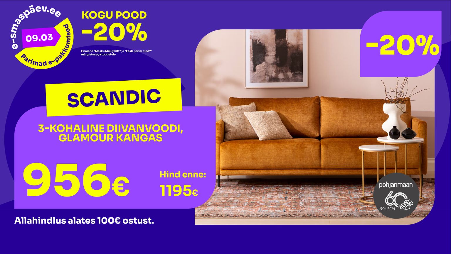 scandic diivanvoodi diivanvoodi kangas kollane 3-kohaline -20% kampaania 1195 € -> 956 €