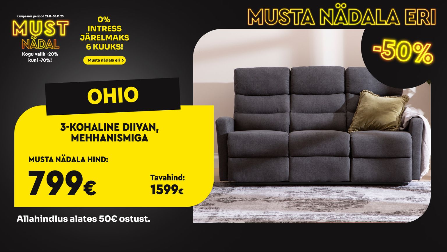 ohio 3-kohaline diivan mehhanismiga kangast tumehall Masku elutoale -50% kampaania 1599 € -> 799 €