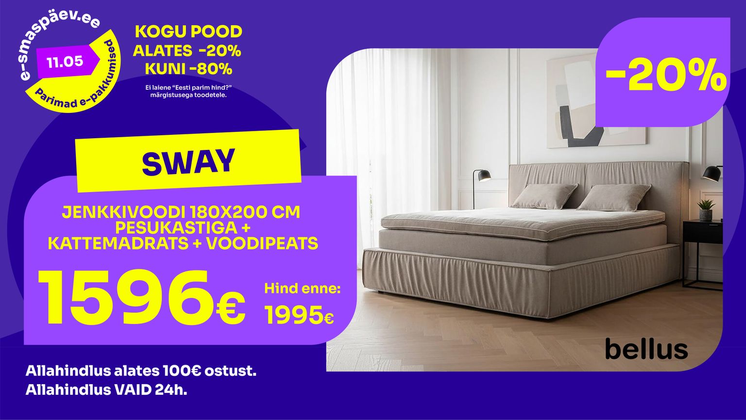 sway jenkkivoodi hall kangas Bellus 180x200 cm pesukastiga magamistuppa -20% kampaania 1995 € -> 1596 €