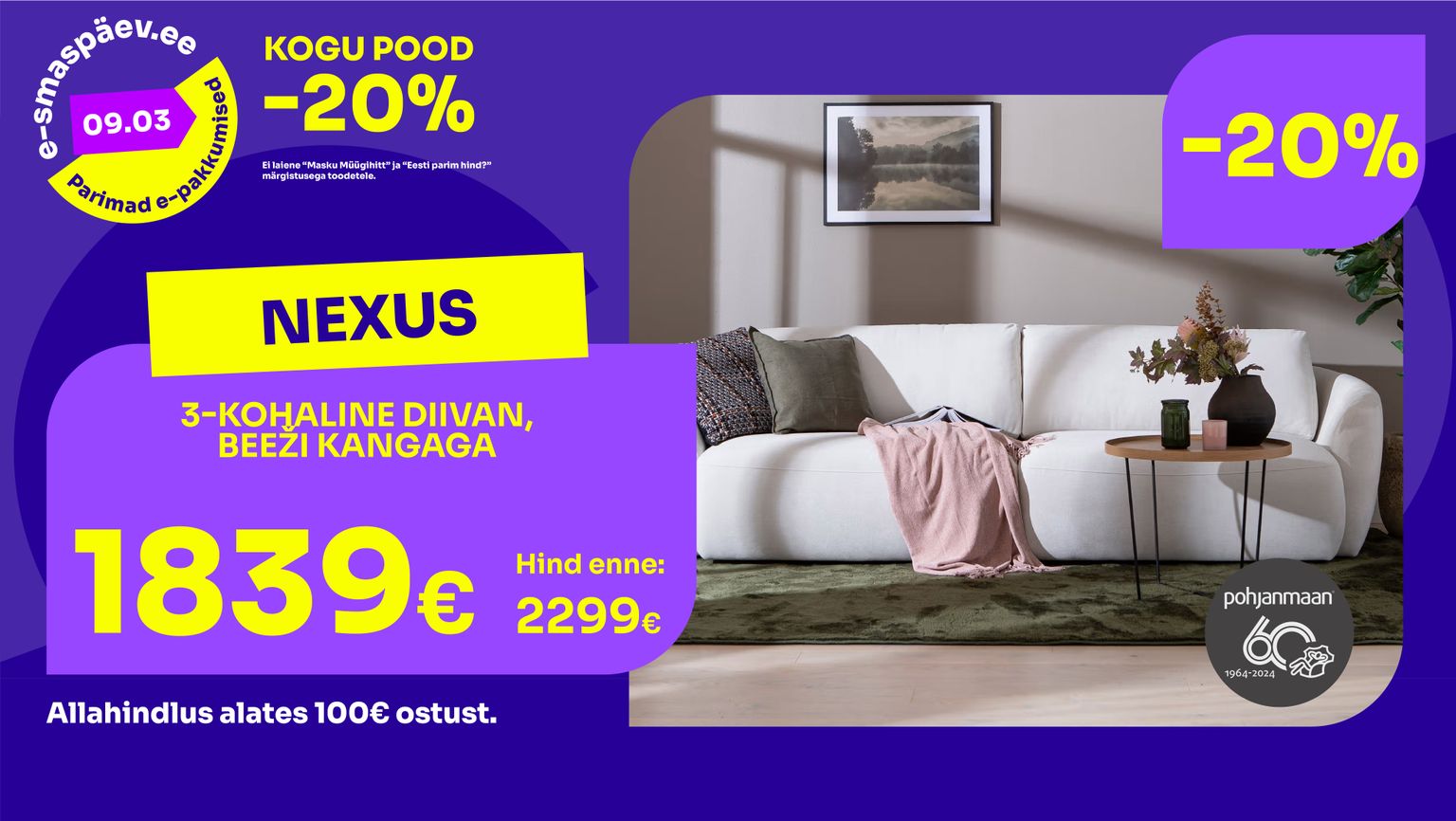 nexus diivan diivan kangas beež 3-kohaline -20% kampaania 2299 € -> 1839 €