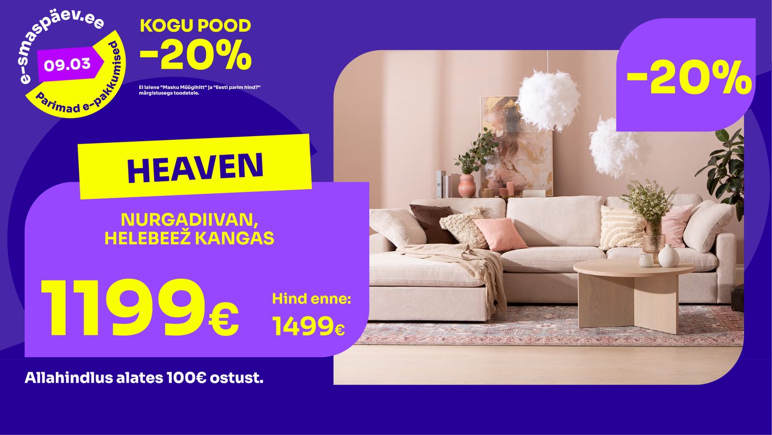 heaven diivan diivan kangas helebeež nurgadiivan -20% kampaania 1499 € -> 1199 €