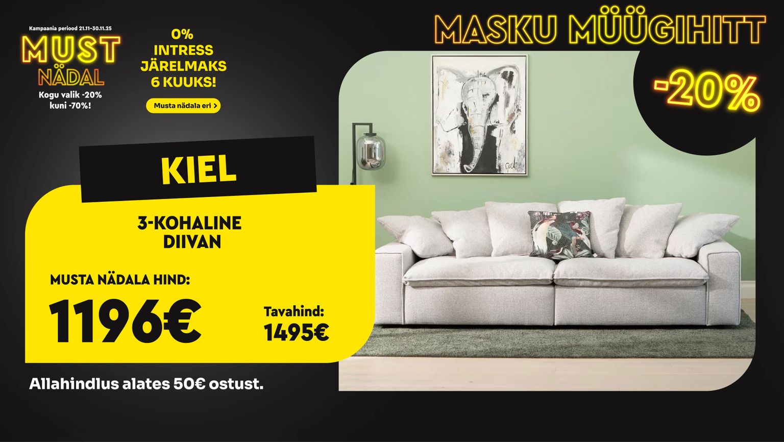 kiel 3-kohaline diivan kangast helebeež elutuppa -20% kampaania 1495 € -> 1196 €