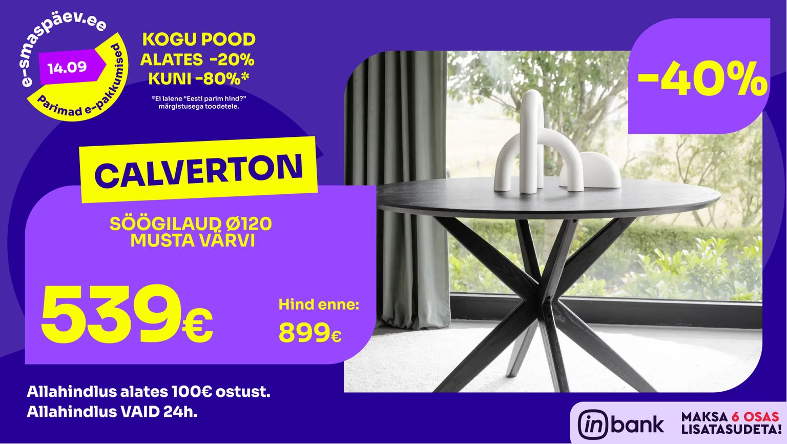 Calverton söögilaud Ø120 must -40% kampaania 899 € -> 539 €