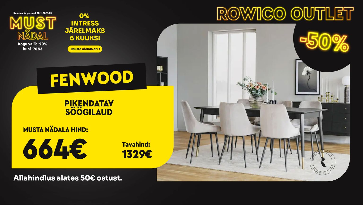 fenwood pikendatav söögilaud must tamm rowico söögituppa -50% kampaania 1329 € -> 664 €