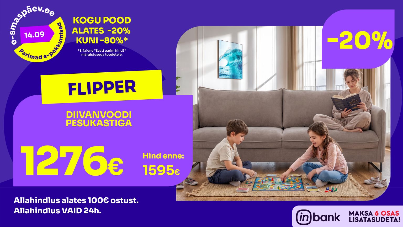 Flipper diivanvoodi pesukastiga hall kangas -20% kampaania 1595 € -> 1276 €
