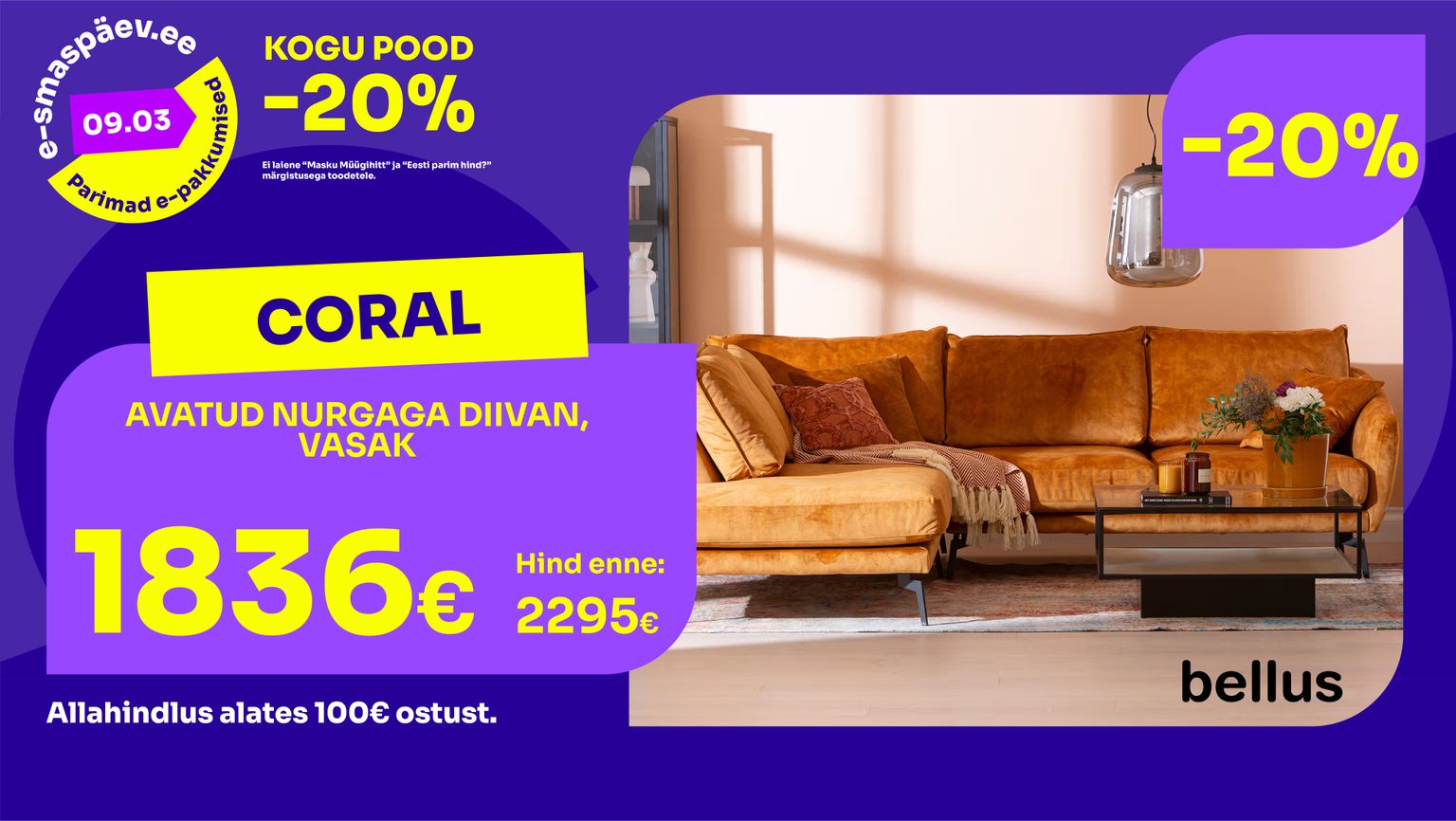 coral diivan diivan kangas oranž Bellus vasak nurgadiivan -20% kampaania 2295 € -> 1836 €