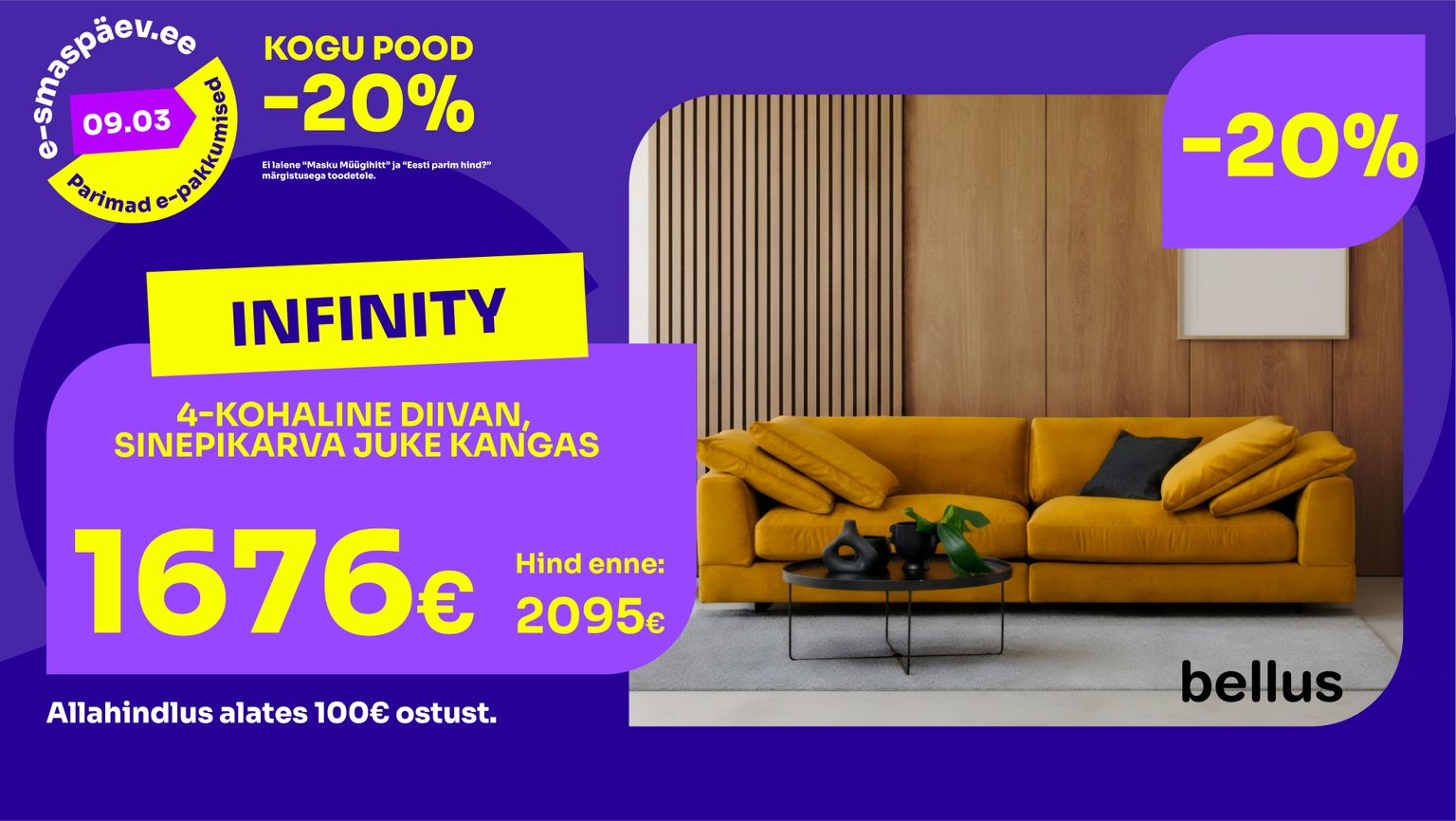 infinity diivan diivan kangas sinepikollane Bellus 4-kohaline -20% kampaania 2095 € -> 1676 €