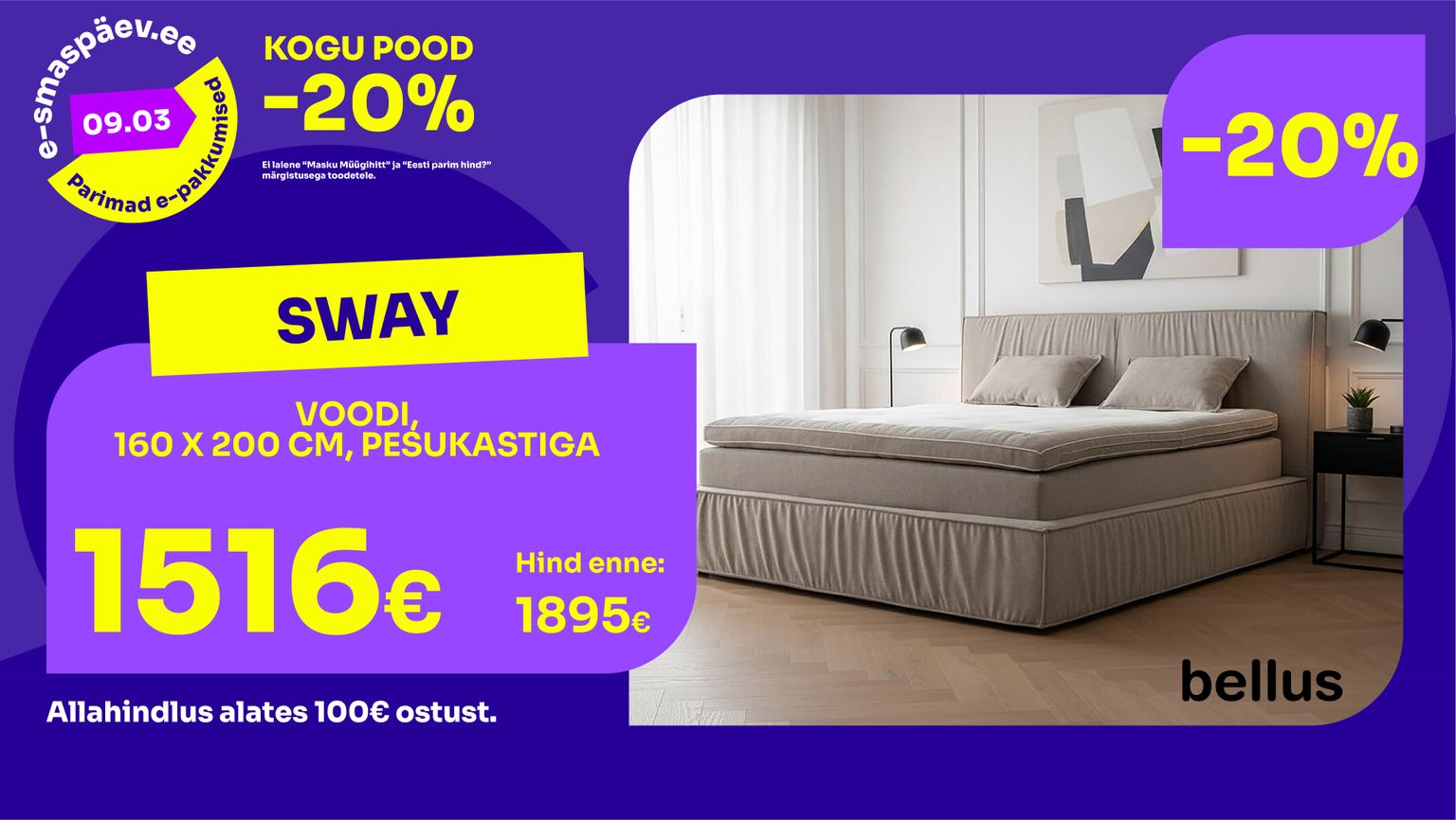 sway voodi voodi kangas helebeež Bellus pesukastiga 160 x 200 cm -20% kampaania 1895 € -> 1516 €