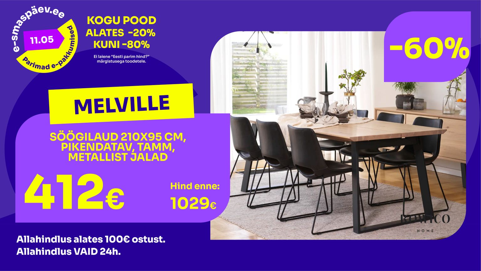 melville söögilaud tamm naturaalne Rowico pikendatav 210x95 cm metalljalad -60% kampaania 1029 € -> 412 €