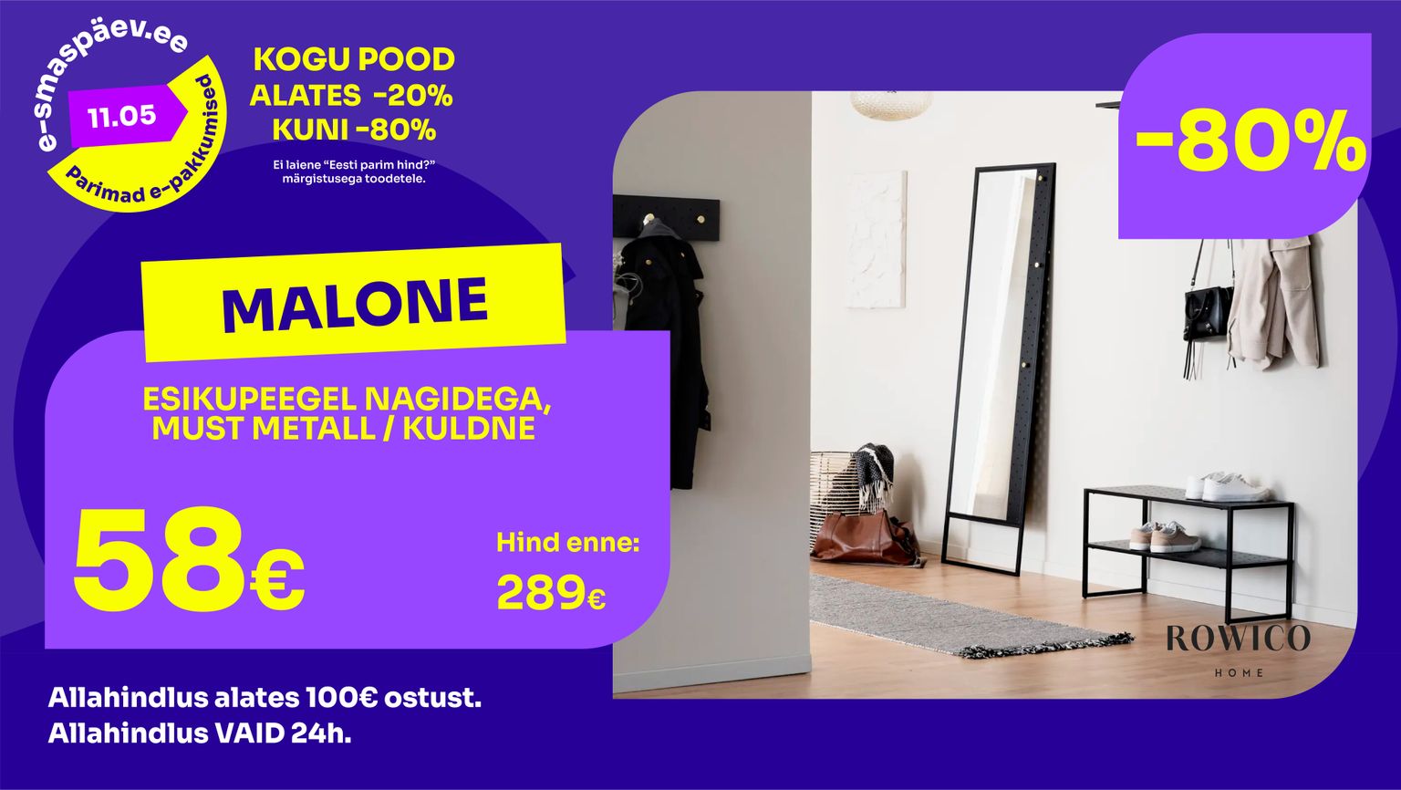 malone esikupeegel metall must Rowico nagidega kuldne -80% kampaania 289 € -> 58 €