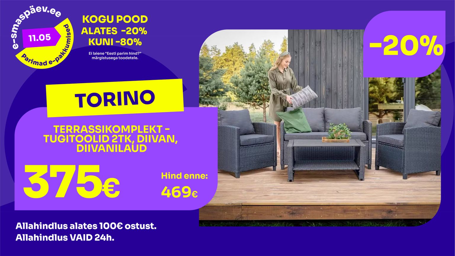 torino terrassikomplekt plastpunutisest hall 2 tugitooli diivan ja laud terrassile -20% kampaania 469 € -> 375 €