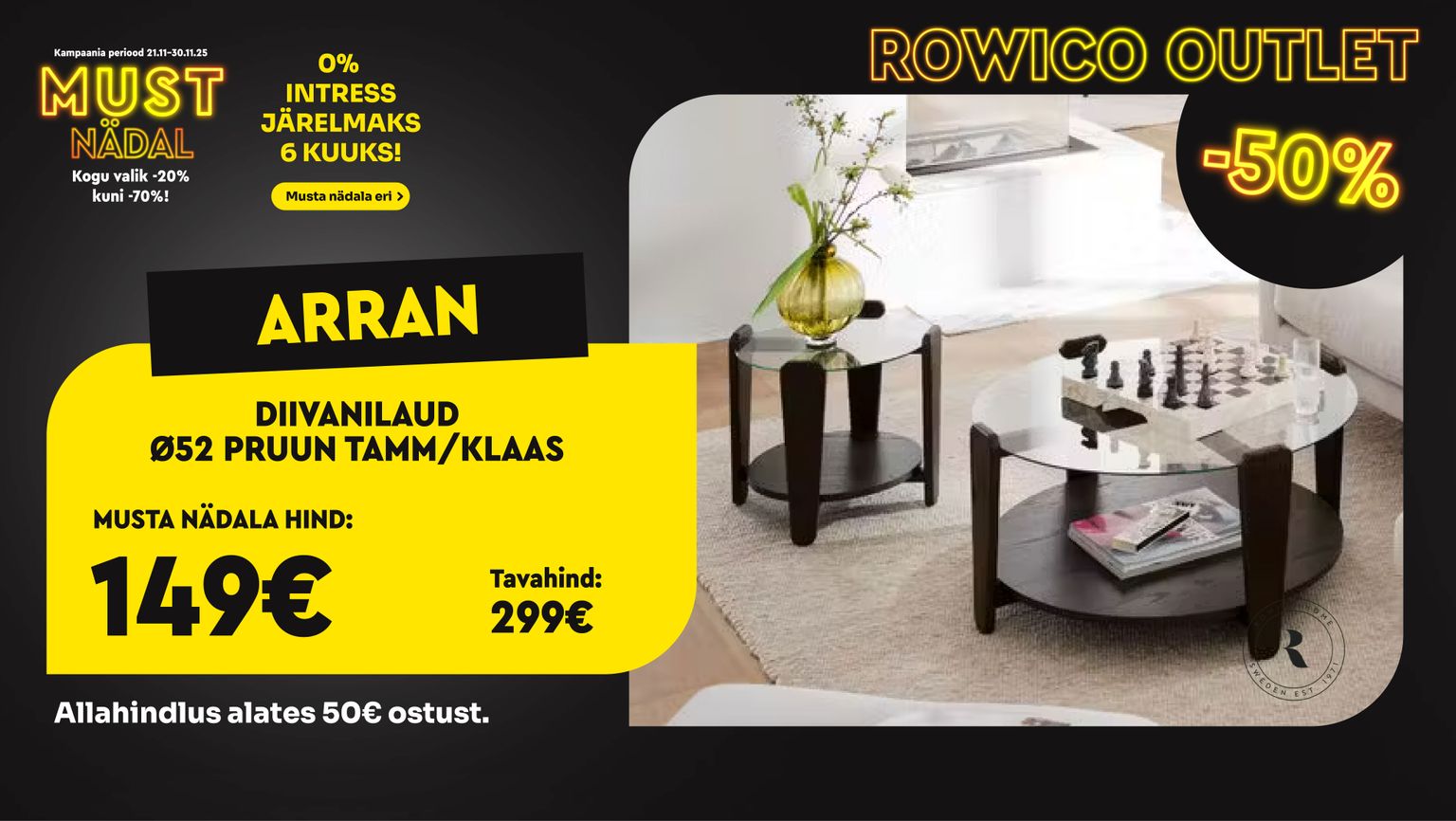arran diivanilaud ø52 pruun tamm/klaas rowico elutuppa -50% kampaania 299 € -> 149 €