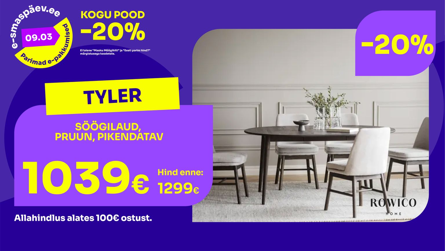 tyler söögilaud laud puit pruun Rowico pikendatav -20% kampaania 1299 € -> 1039 €