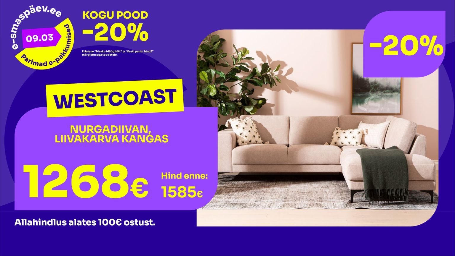 westcoast nurgadiivan diivan kangas liivakarva -20% kampaania 1585 € -> 1268 €