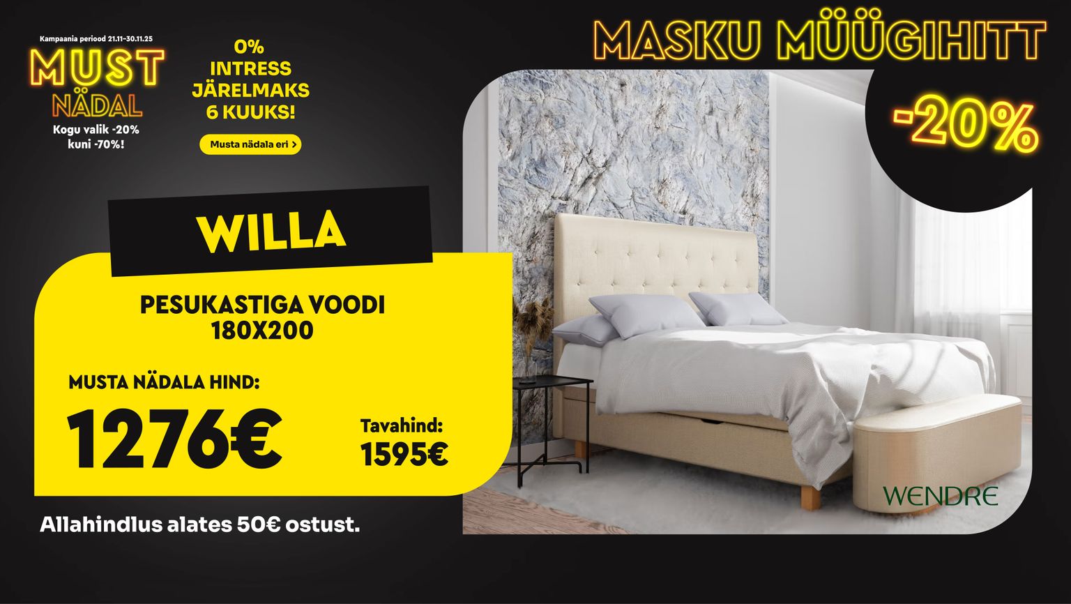 willa pesukastiga voodi 180x200 kangast helebeež wendre magamistuppa -20% kampaania 1595 € -> 1276 €
