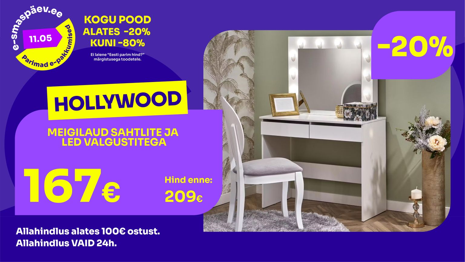 hollywood meigilaud valge Rowico sahtlite ja LED-valgustitega -20% kampaania 209 € -> 167 €