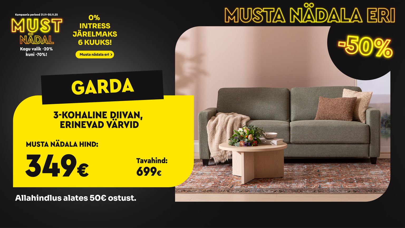 garda 3-kohaline diivan kangast ja roheline diivan -50% kampaania 699 € -> 349 €