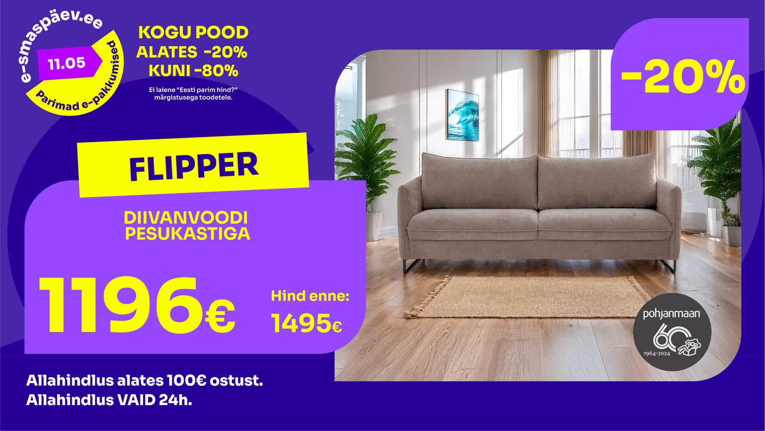 flipper diivanvoodi kangas beež Pohjanmaan pesukastiga -20% kampaania 1495 € -> 1196 €