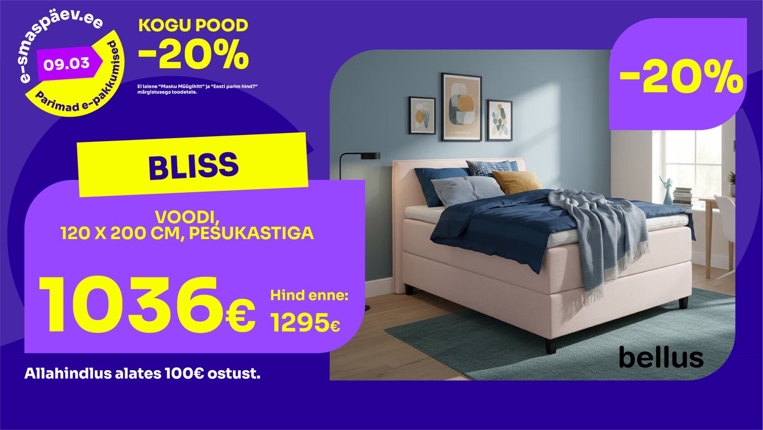 bliss voodi voodi kangas helebeež Bellus pesukastiga voodi -20% kampaania 1295 € -> 1036 €