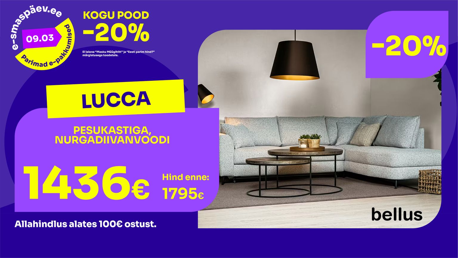 lucca diivanvoodi nurgadiivanvoodi kangas helehall Bellus pesukastiga -20% kampaania 1795 € -> 1436 €