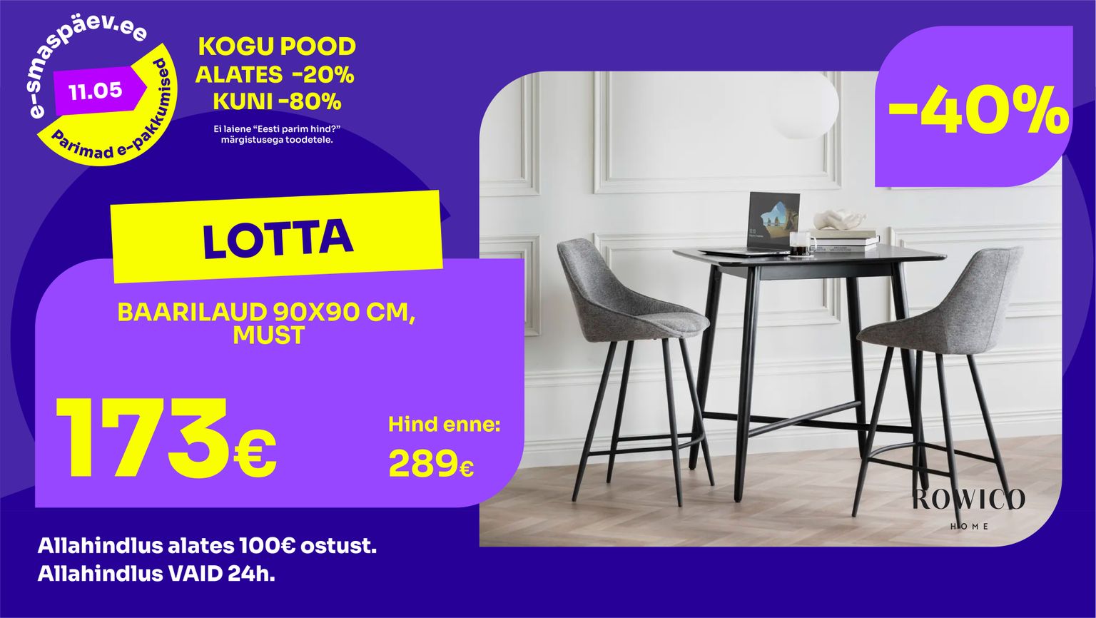 lotta baarilaud must Rowico 90x90 cm -40% kampaania 289 € -> 173 €