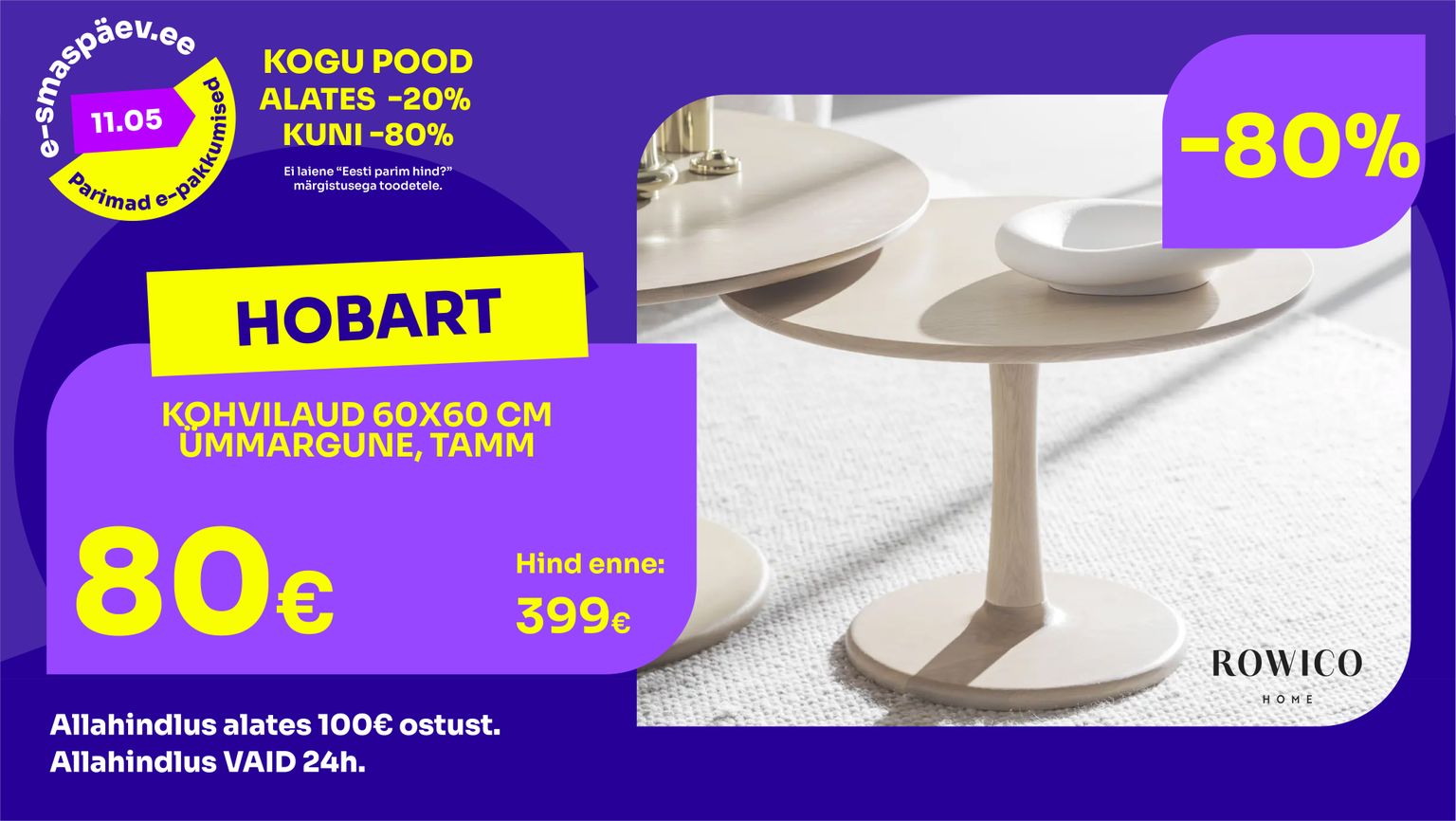 hobart kohvilaud tamm hele puit Rowico ümmargune 60x60 cm -80% kampaania 399 € -> 80 €