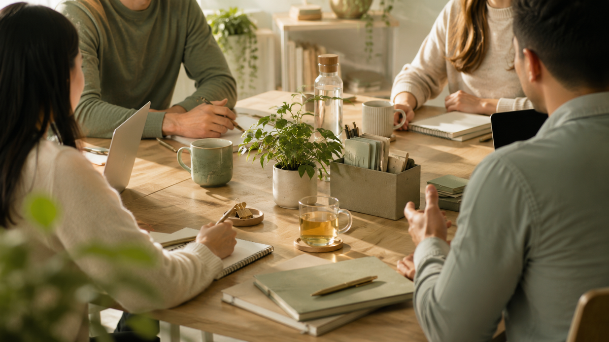 People having a meeting around a wooden table with notebooks, mugs, a teapot, and a small plant, surrounded by natural light.