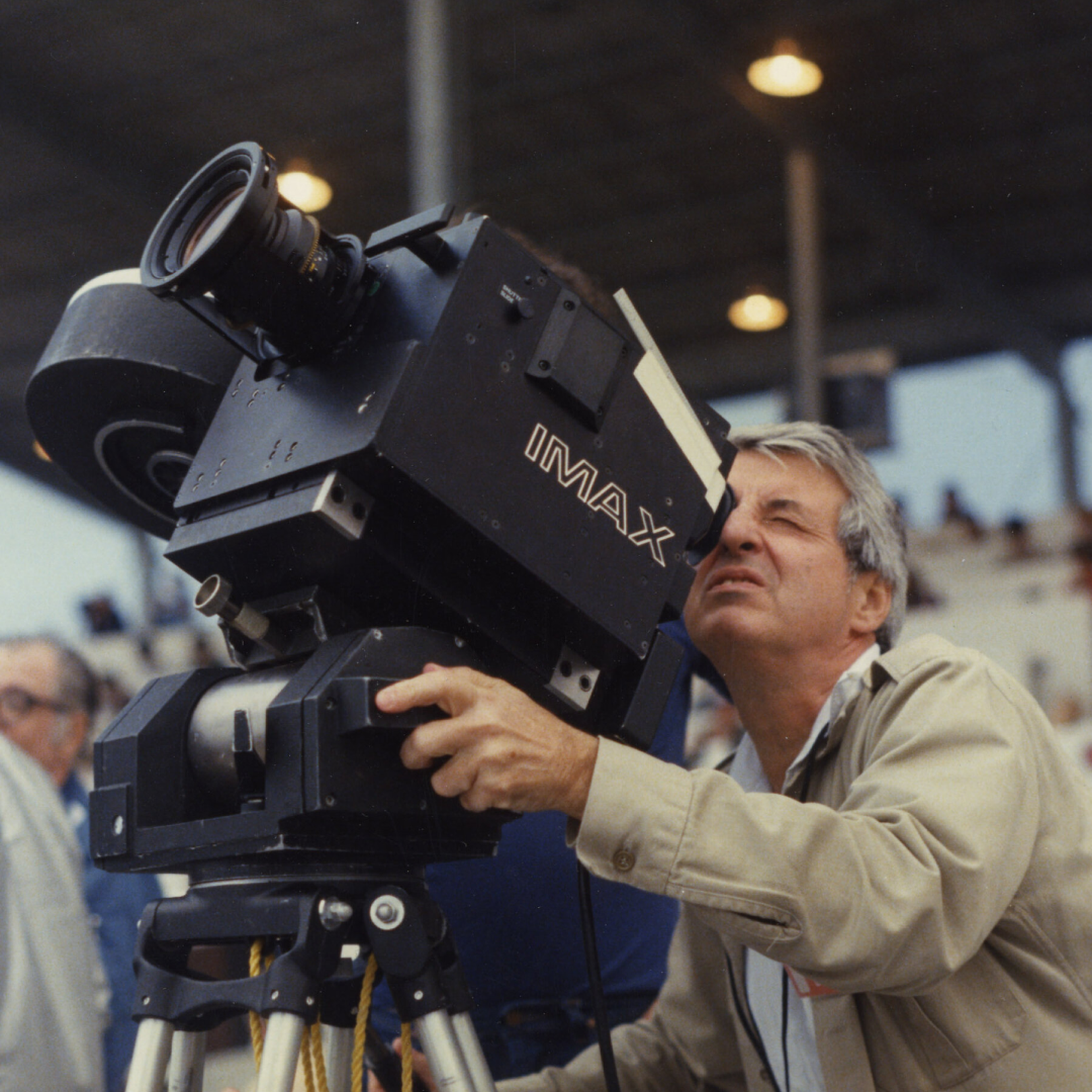Graeme Ferguson operating an IMAX camera during a NASA production in the 1980s