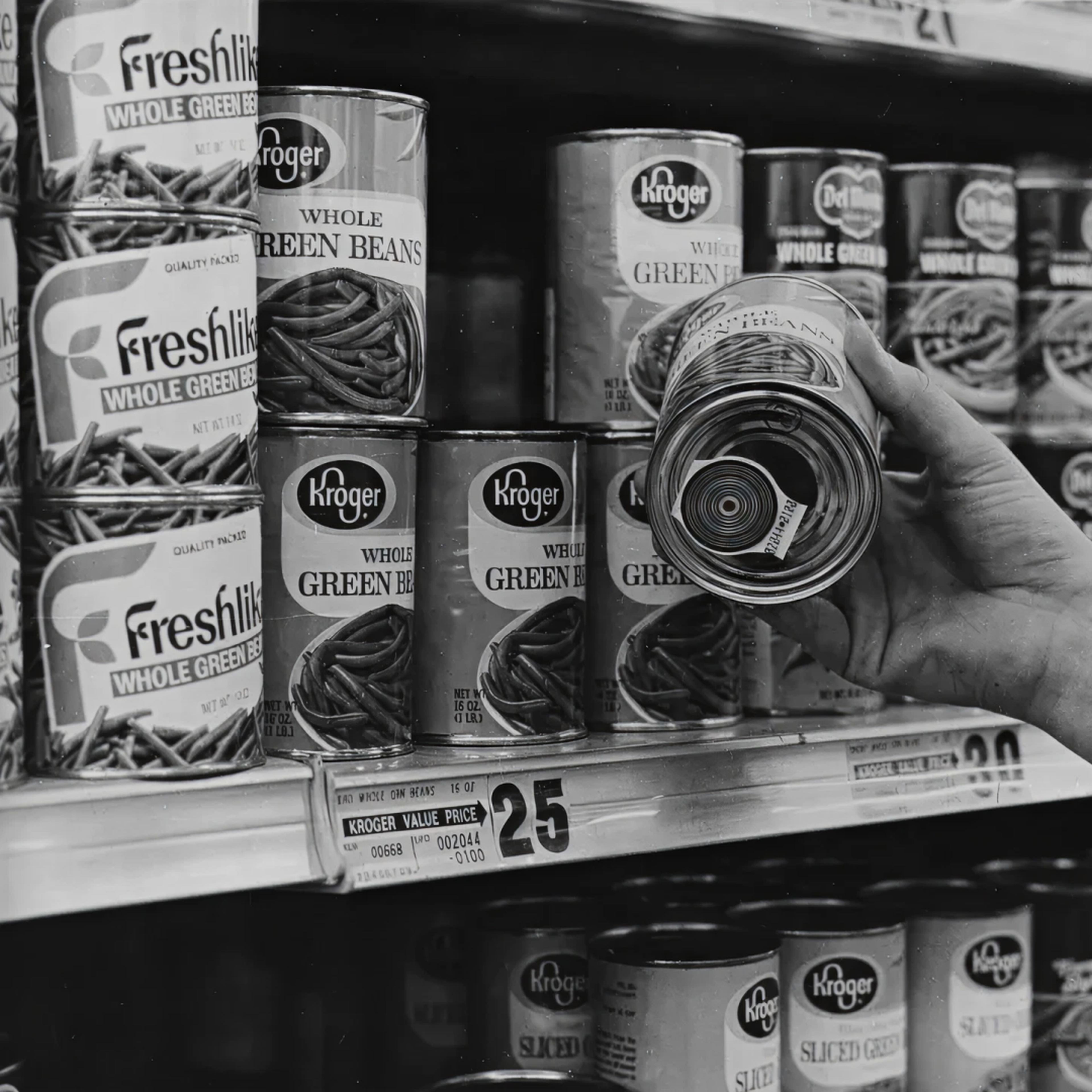 The bull's-eye on a can of green beans in a Kroger supermarket