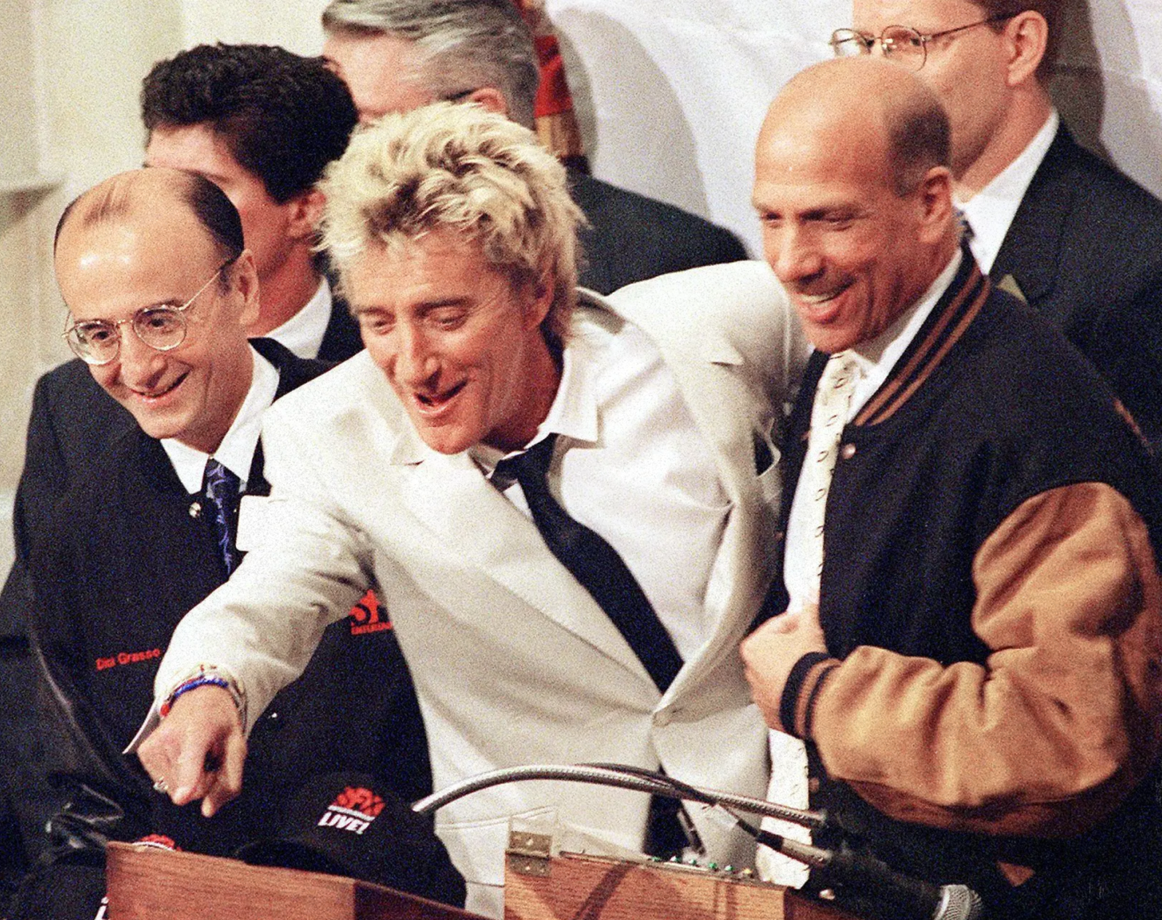 Robert Sillerman and Rod Stewart during SFX's opening ceremony at the New York Stock Exchange in 1999.