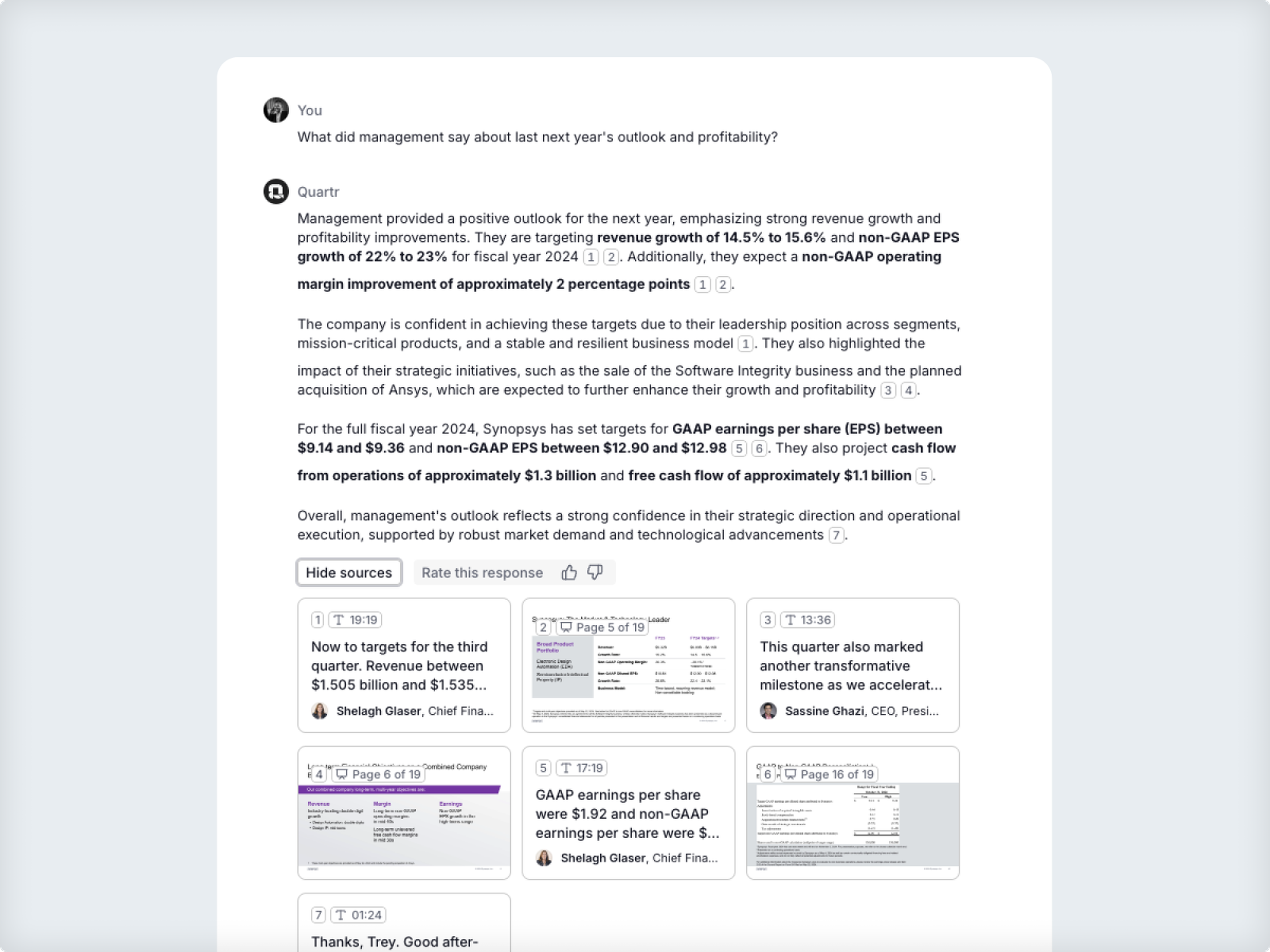 Actual reply from the Quartr Pro AI assistant chatting with Synopsys Q2 2024