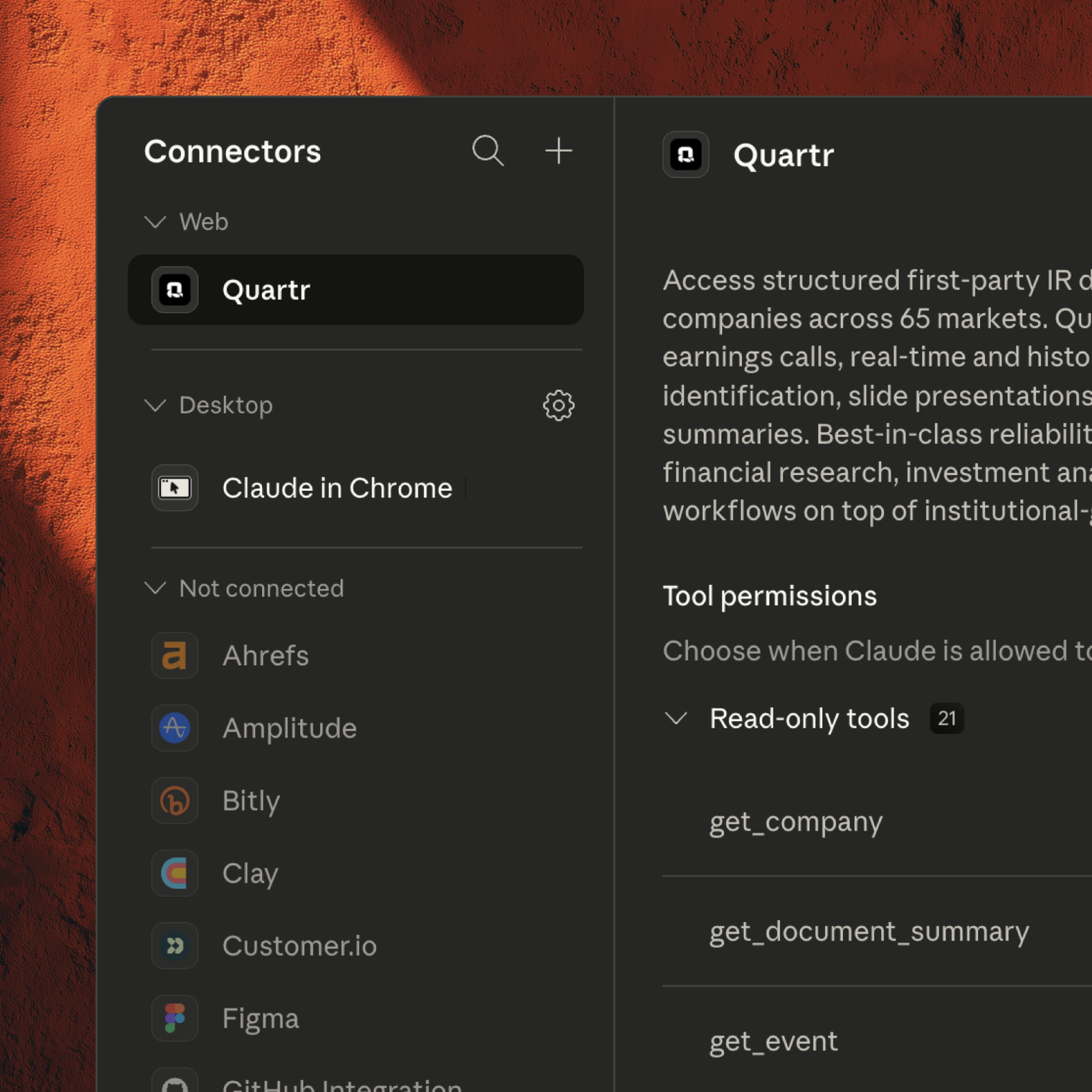 The Quartr MCP can be found under connectors/customize in Claude