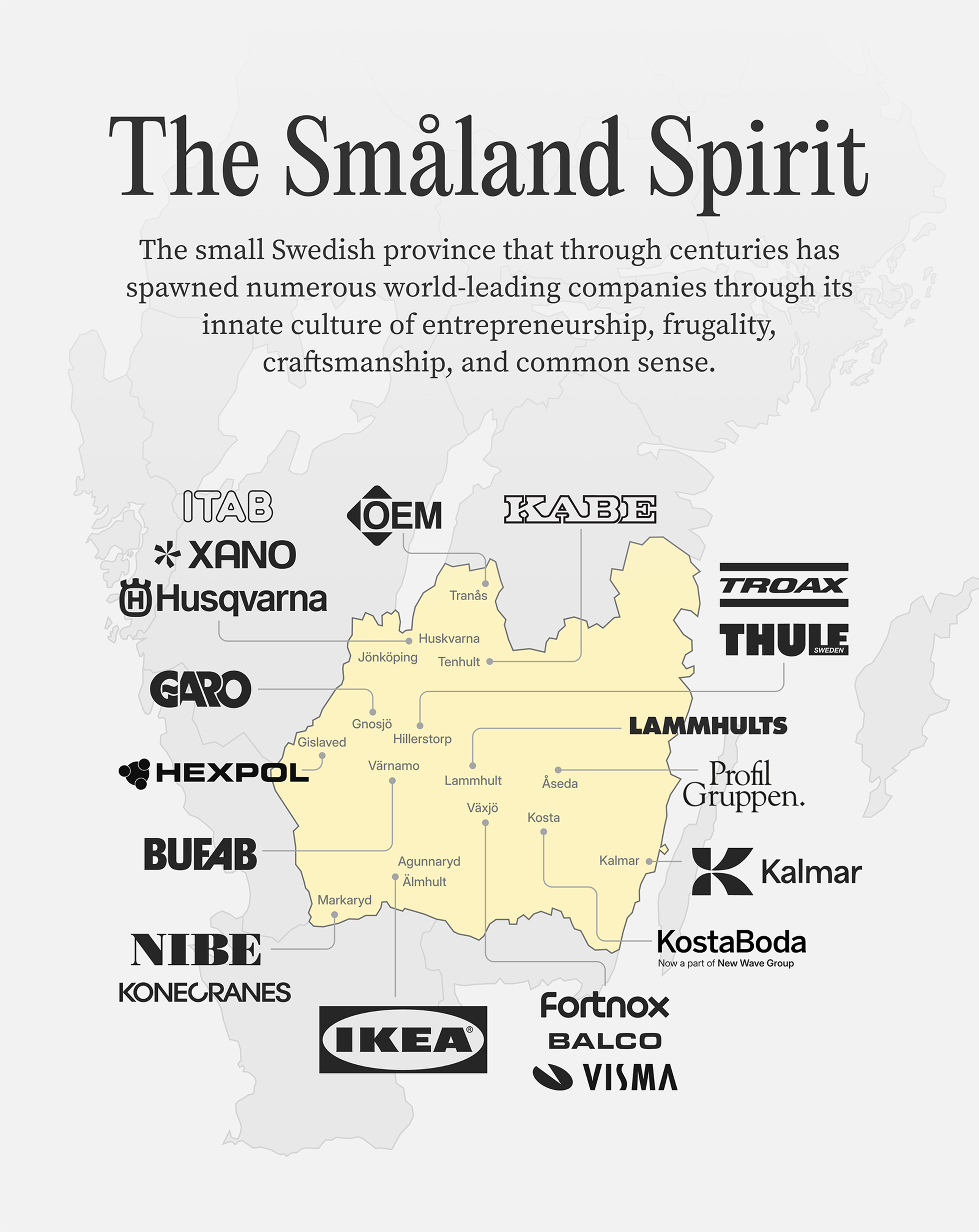 Map over the Småland province in Sweden and its world-leading companies