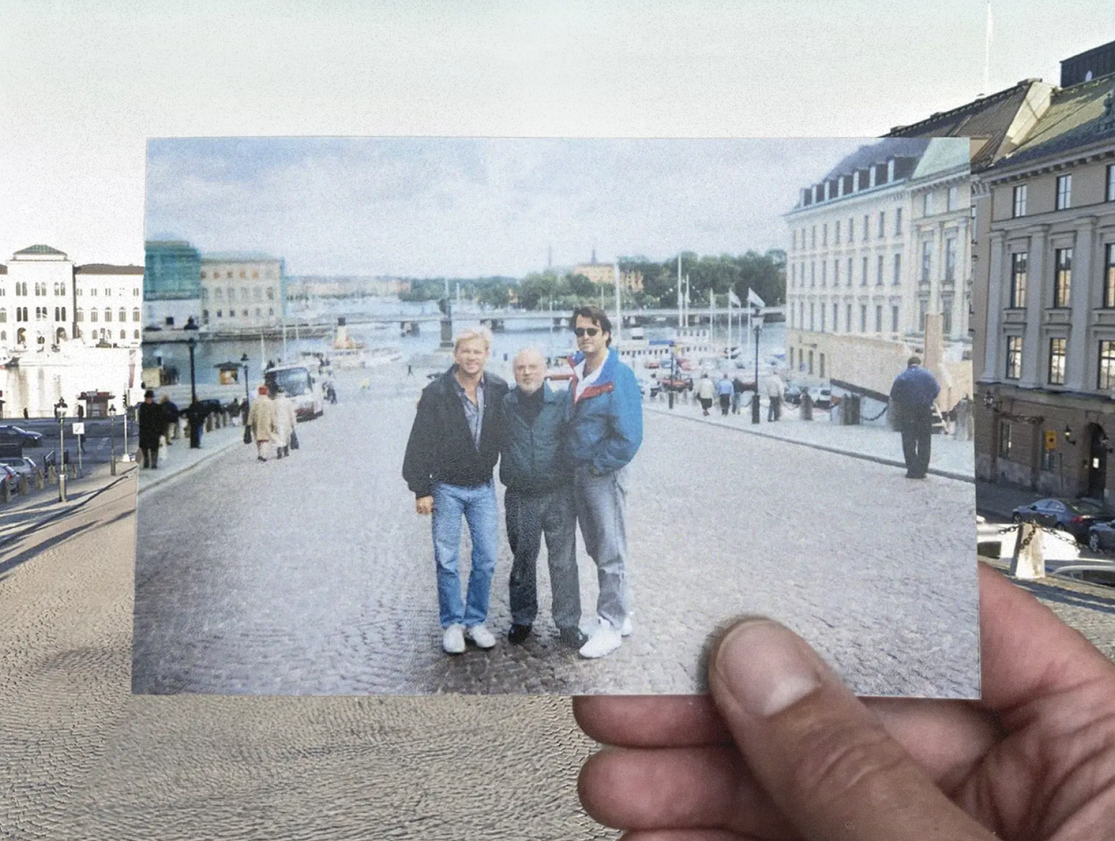 A photo of Steve Tuttle, Malcolm Sherman, and Rick Smith in Stockholm, Sweden, 1995.