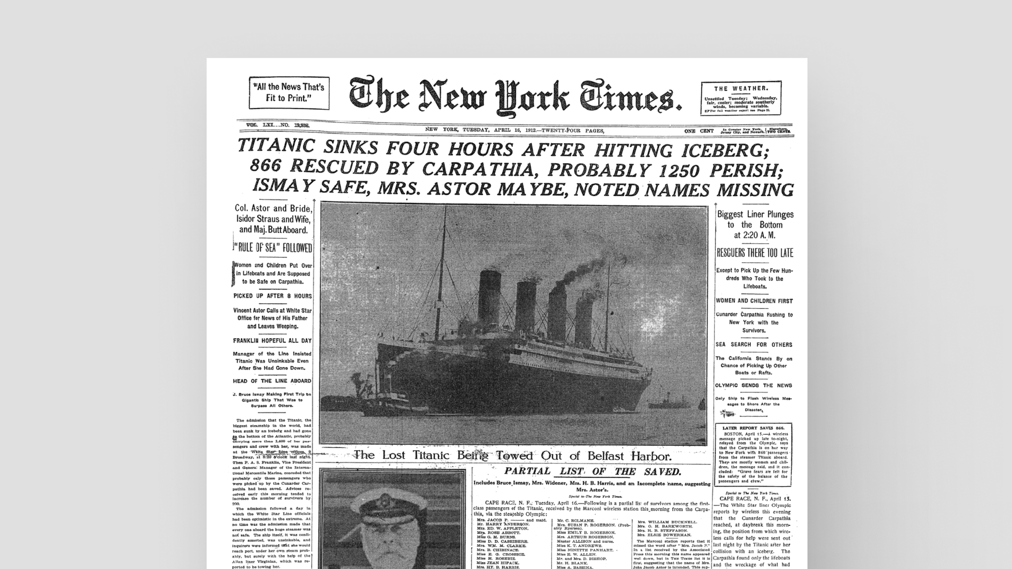 The New York Times front page on April 16, 1912, as news of the Titanic sinking reached the public