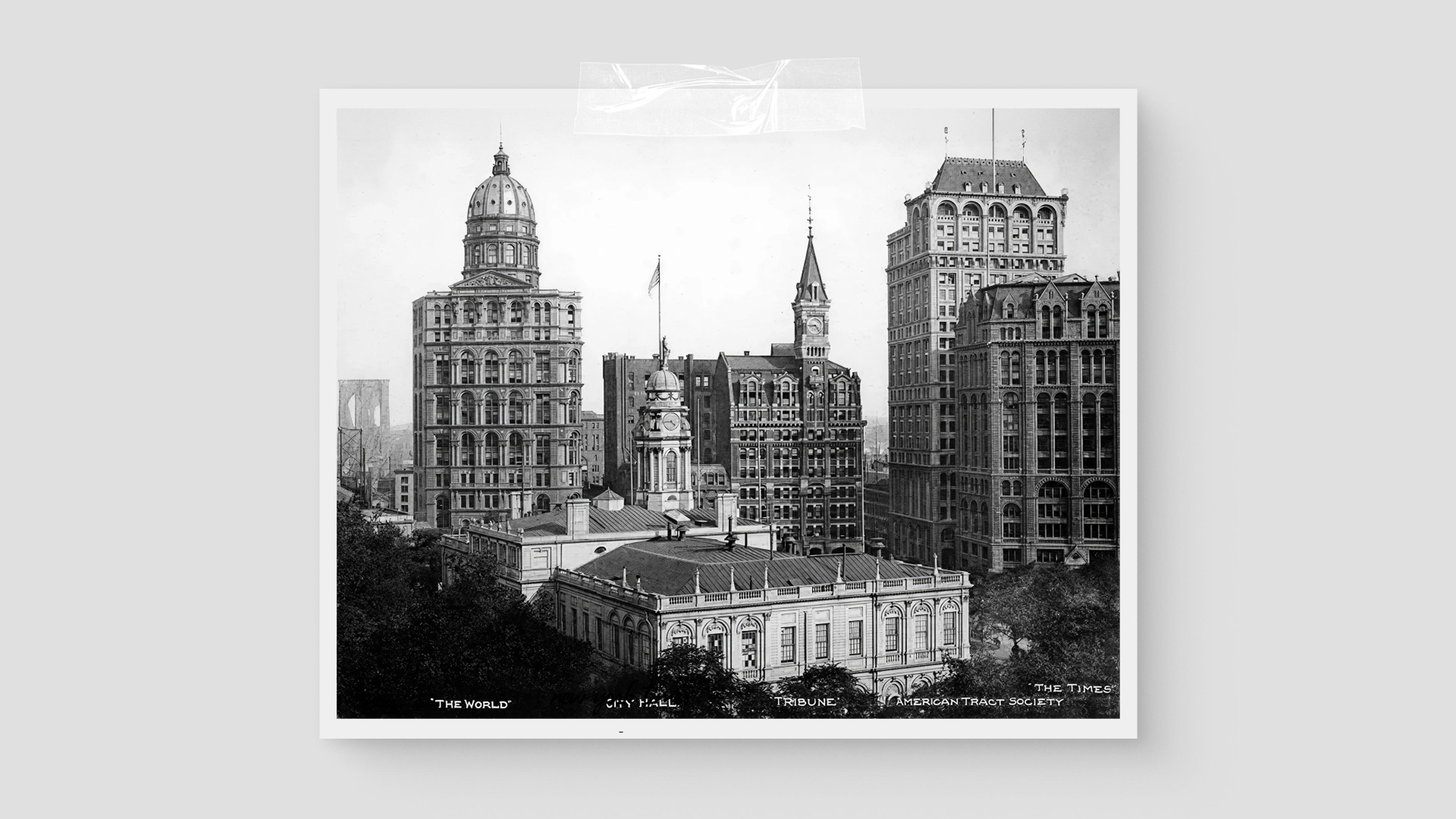 Newspaper Row in Lower Manhattan, home to The New York Tribune, The New York World, and, on the far right, The New York Times (credit: Times Photo Archive)