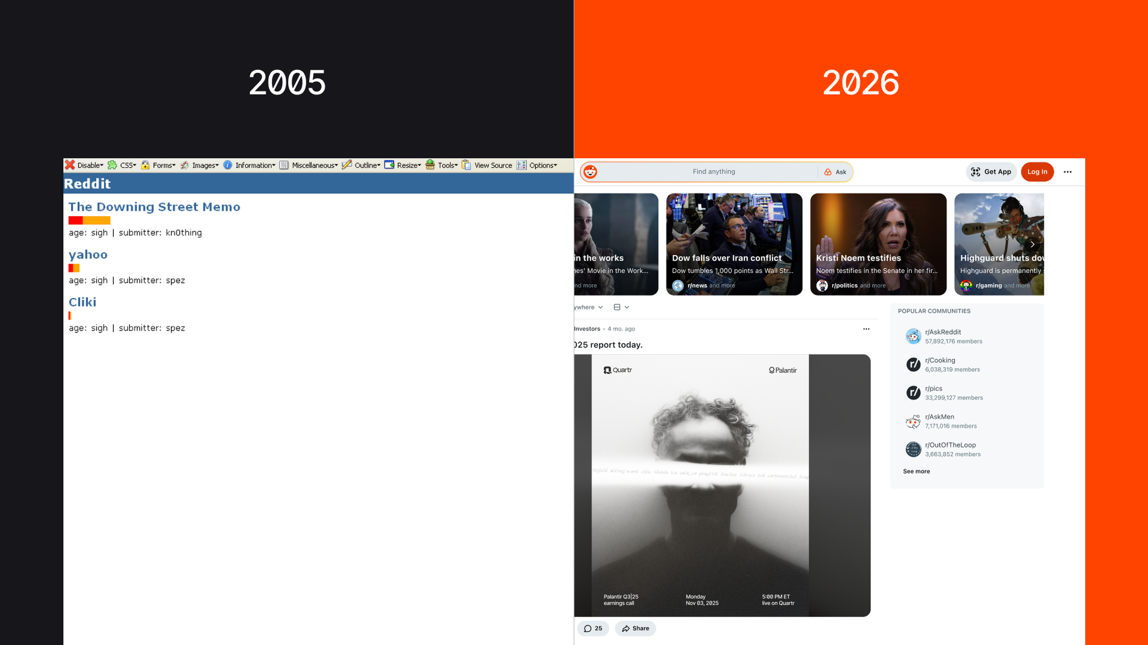 Reddit's interface in 2005 and in 2026