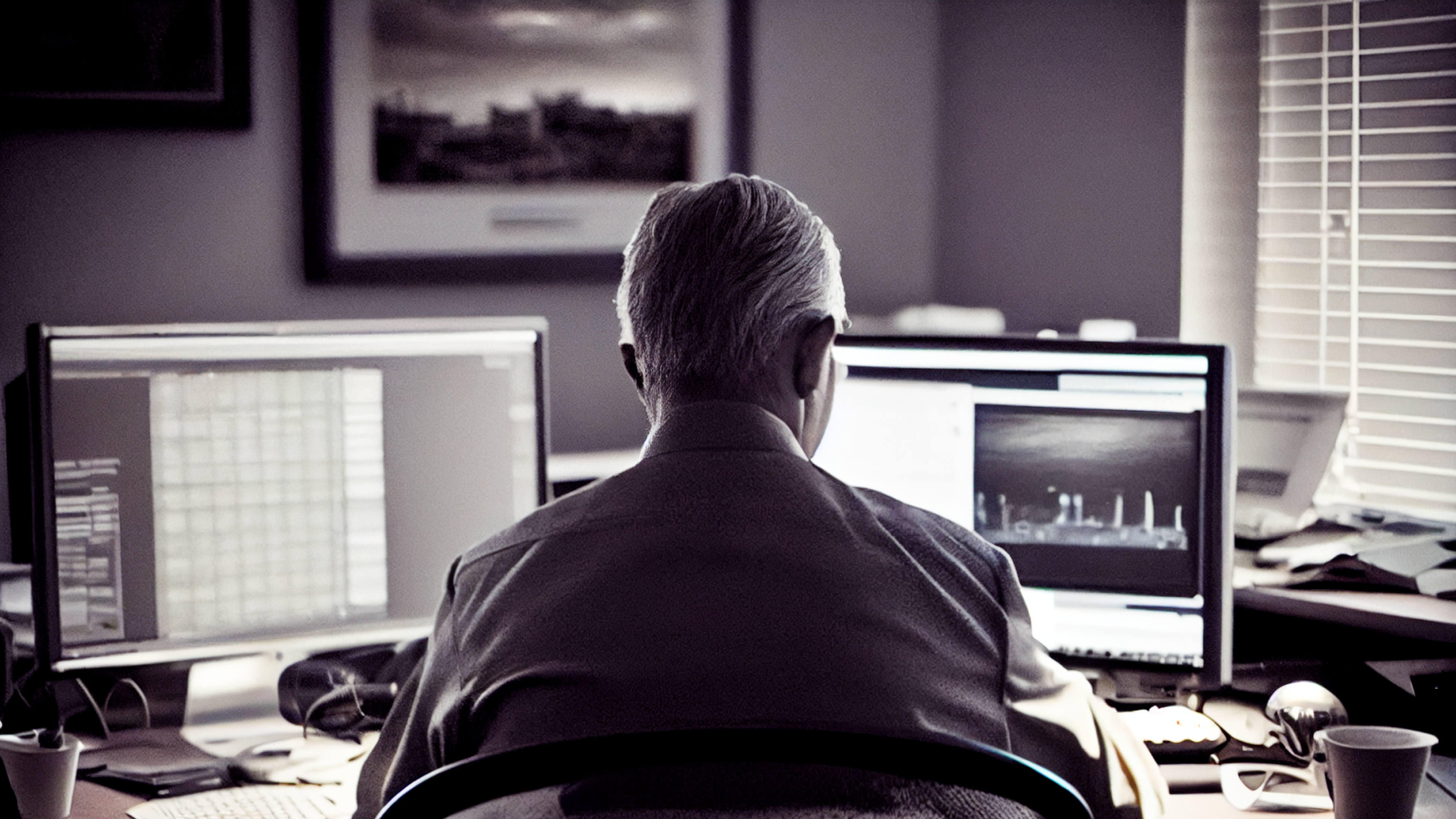  Portrait of Terry Smith from behind in front of some computer screens in an office with lots of papers