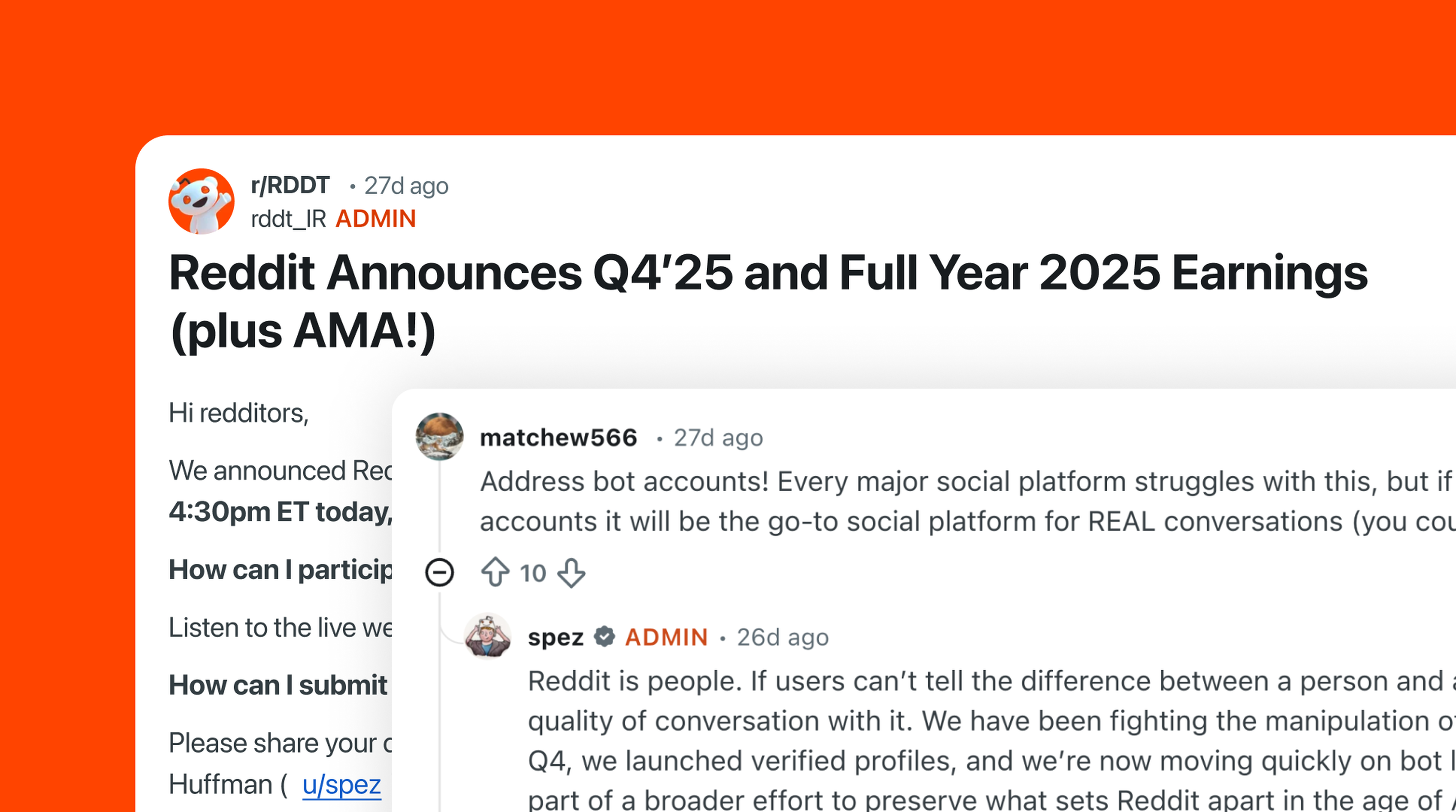 A reply in the Q4 2025 AMA from CEO Steve Huffman, known on Reddit as spez
