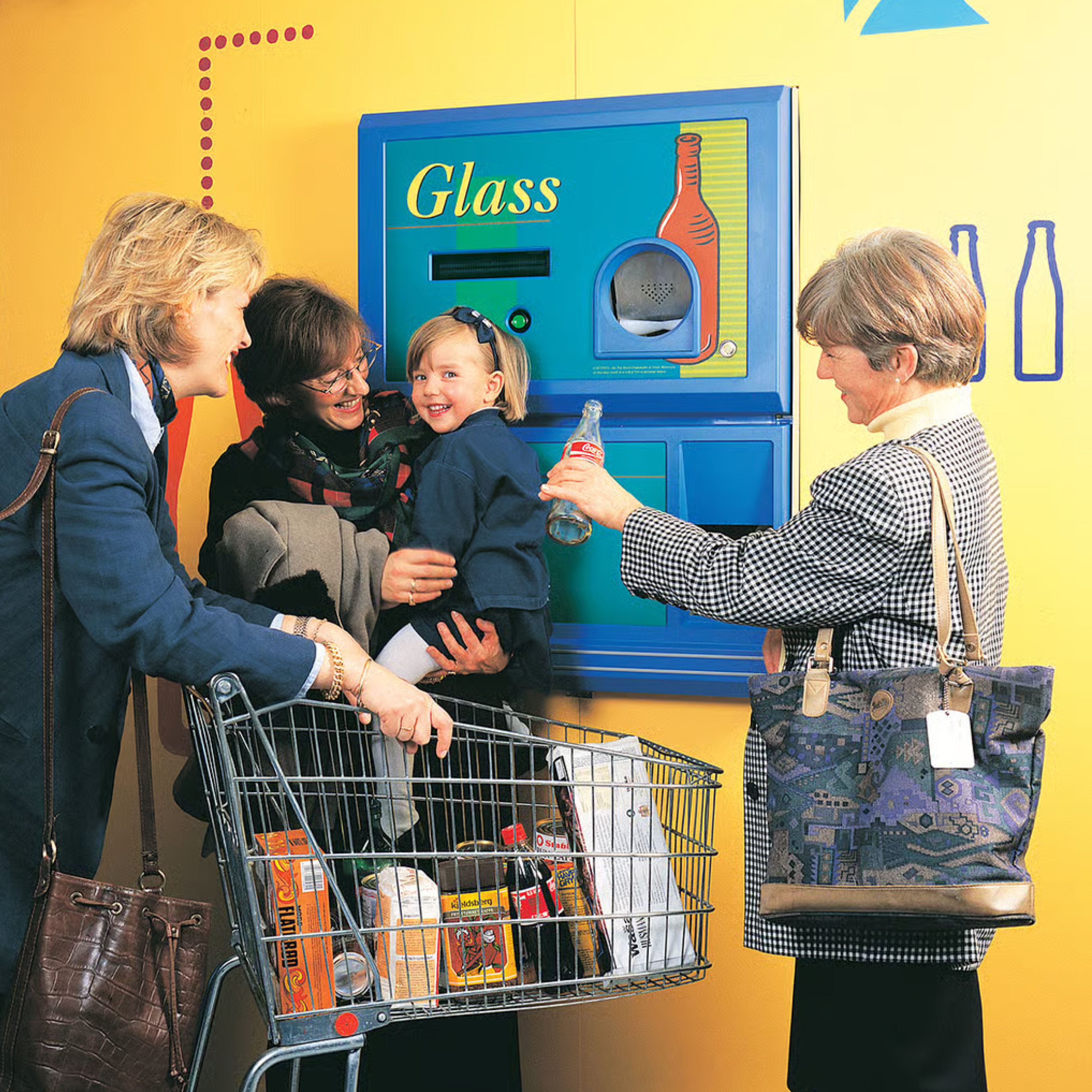 A colorful TOMRA reverse vending machine during the 1990s