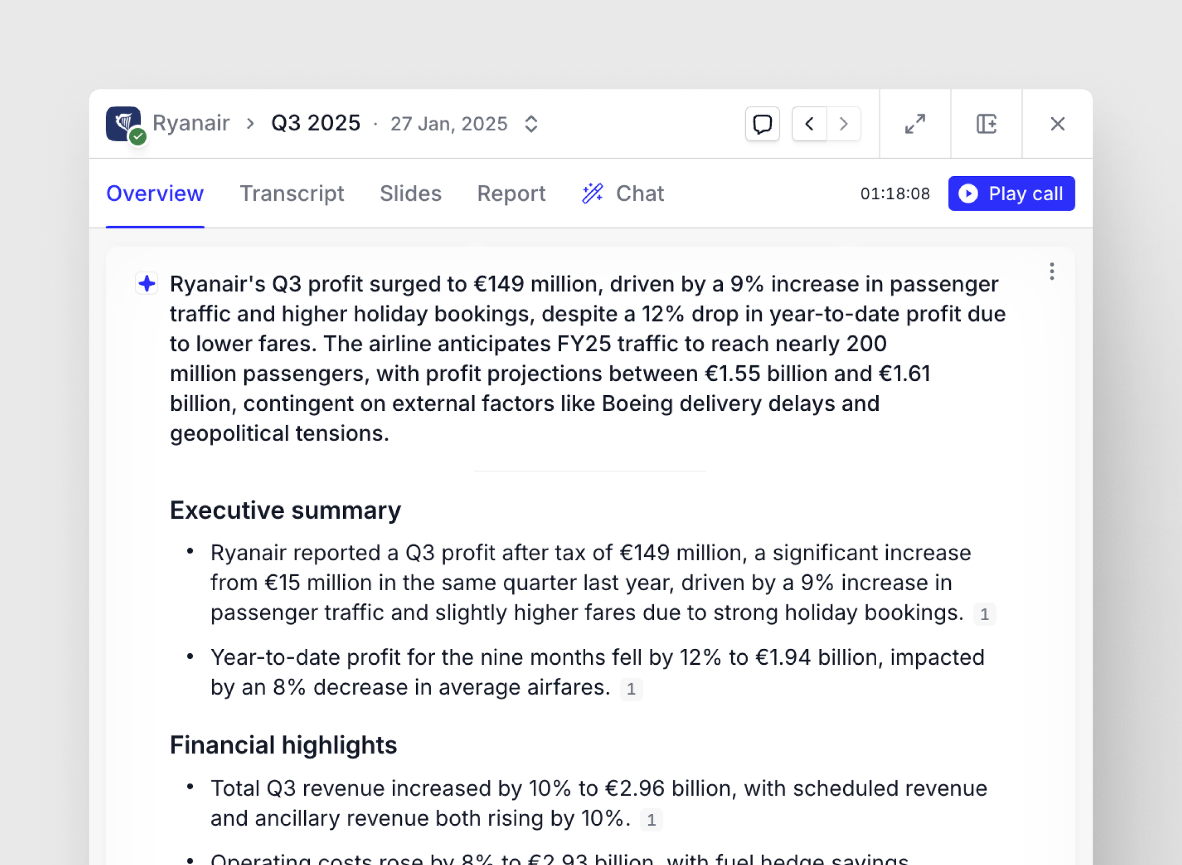 Quartr Pro Automated Summaries