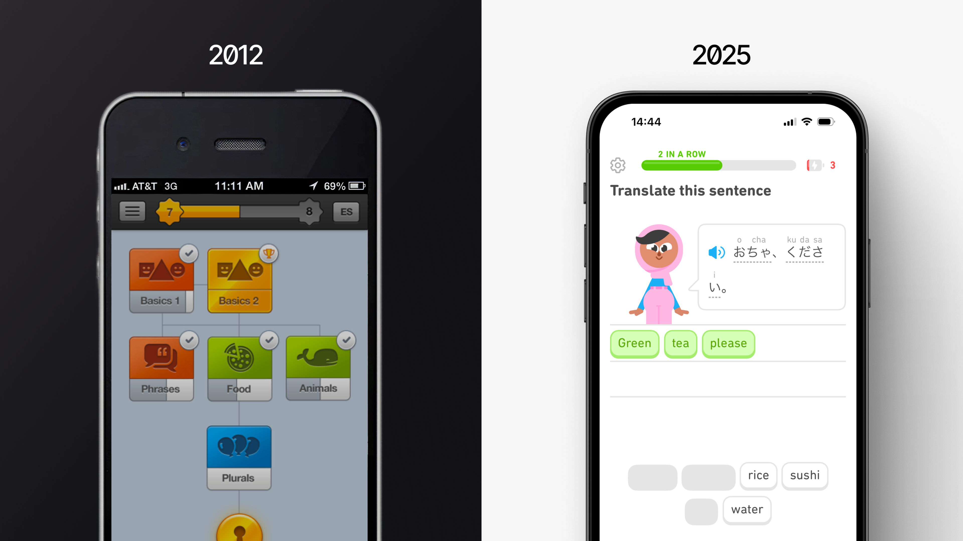 How Duolingo's in-app learning experience has evolved between 2012 and 2025