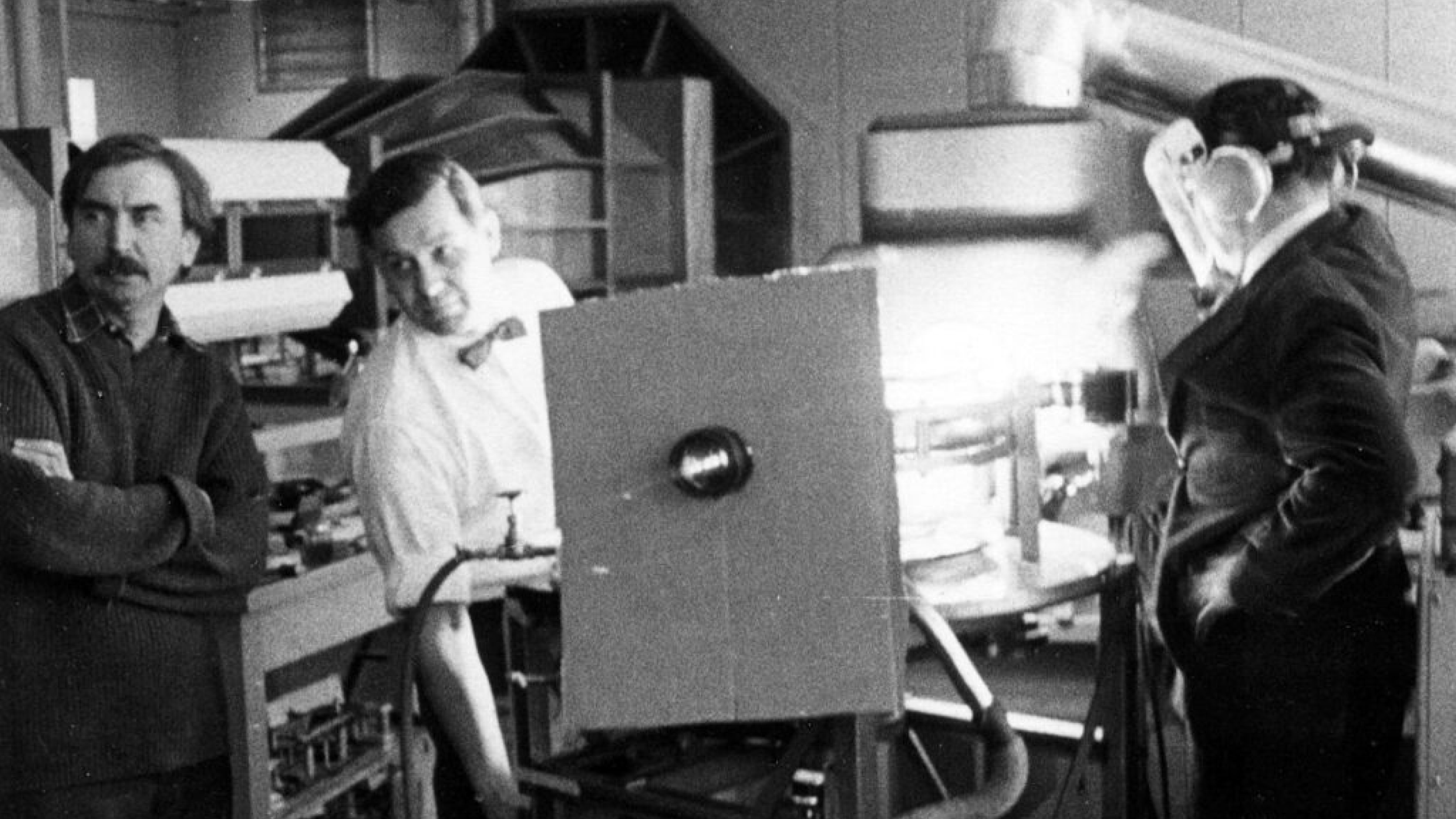 Roman Kroitor, Bill Shaw, and Robert Kerr during the development of IMAX's first projector