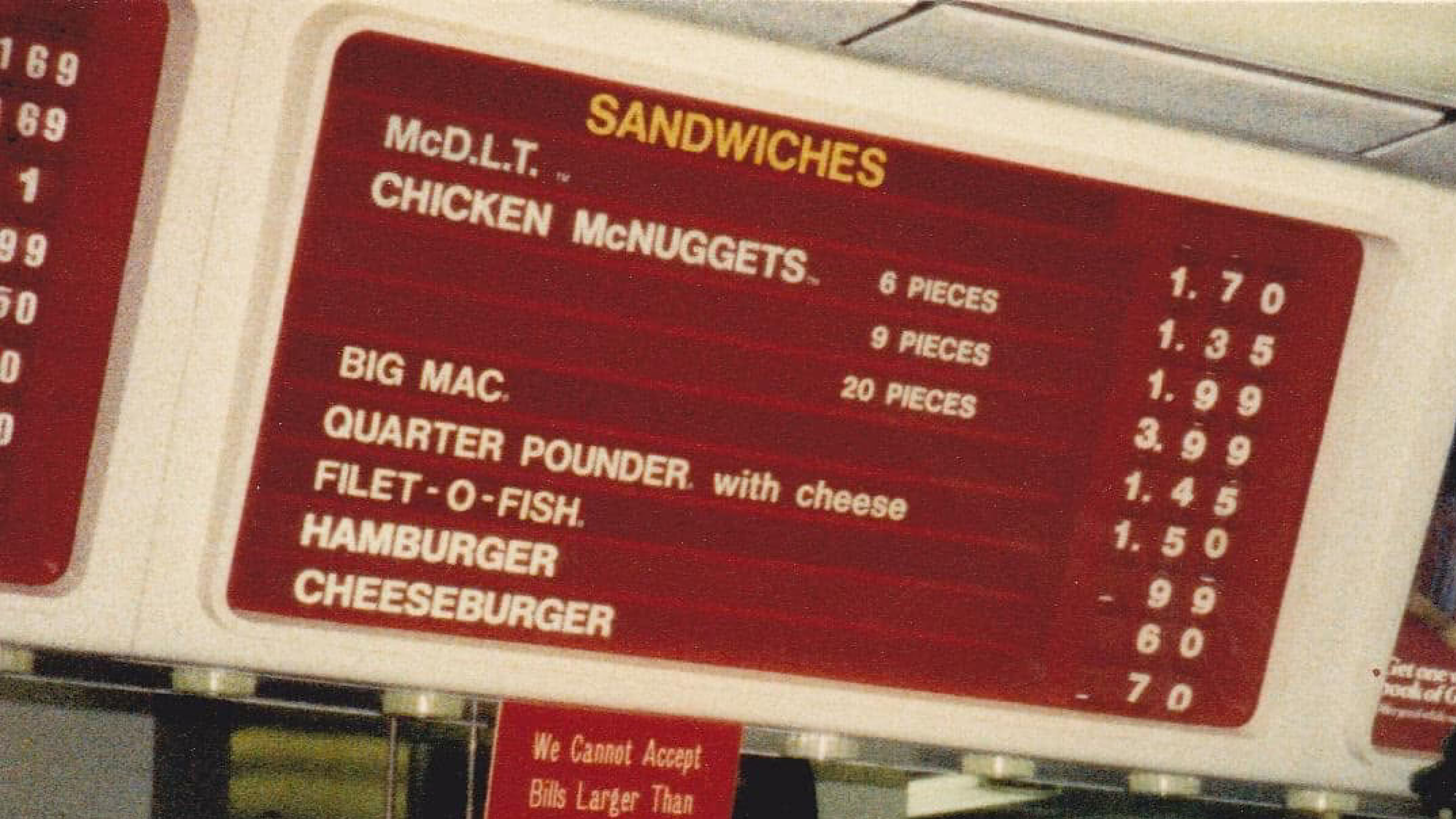The same names at old prices: a McDonald's menu board from an earlier era