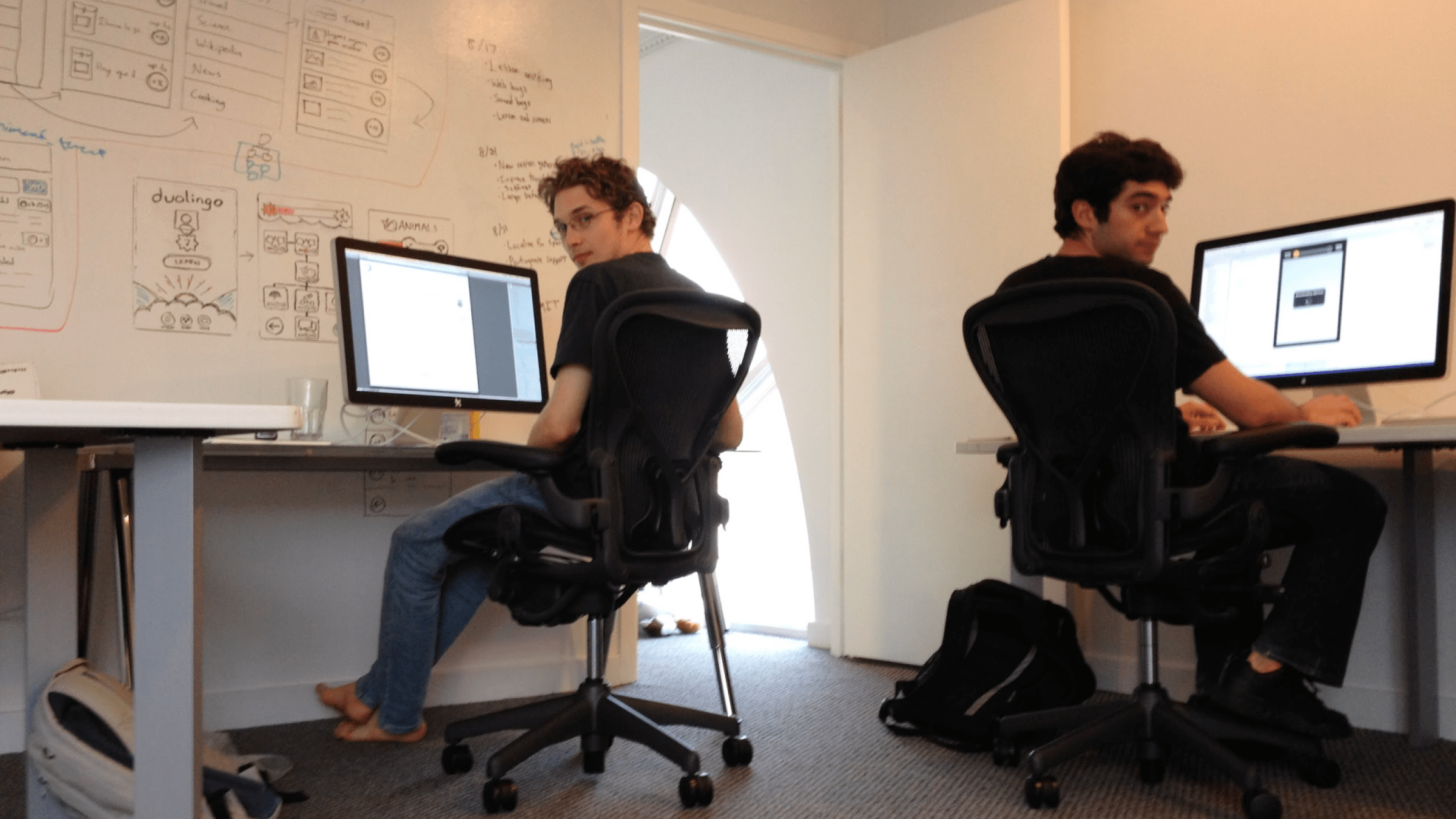 Inside an early Duolingo office, with the team hard at work on the app