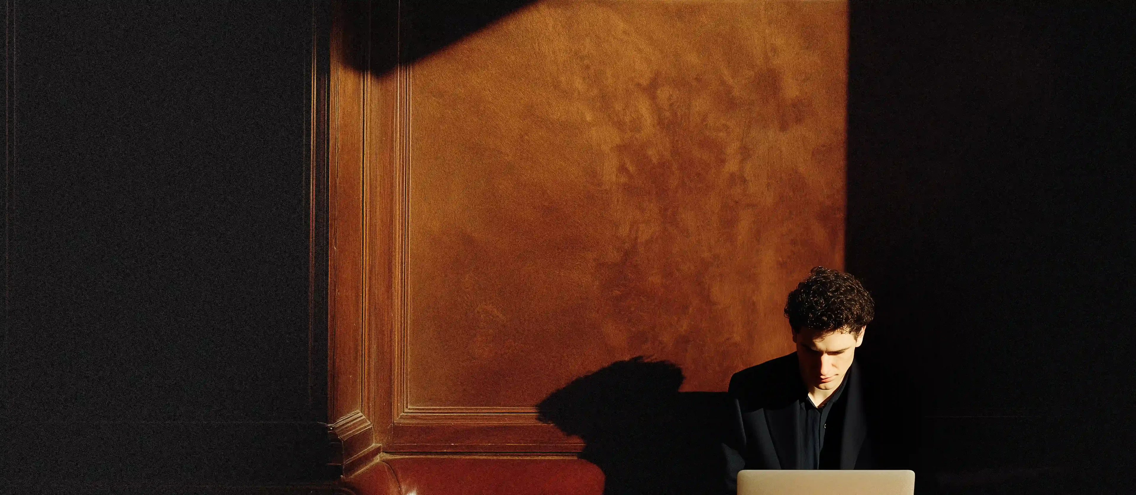 An analyst working on a laptop in a wood-panelled room lit by a shaft of sunlight