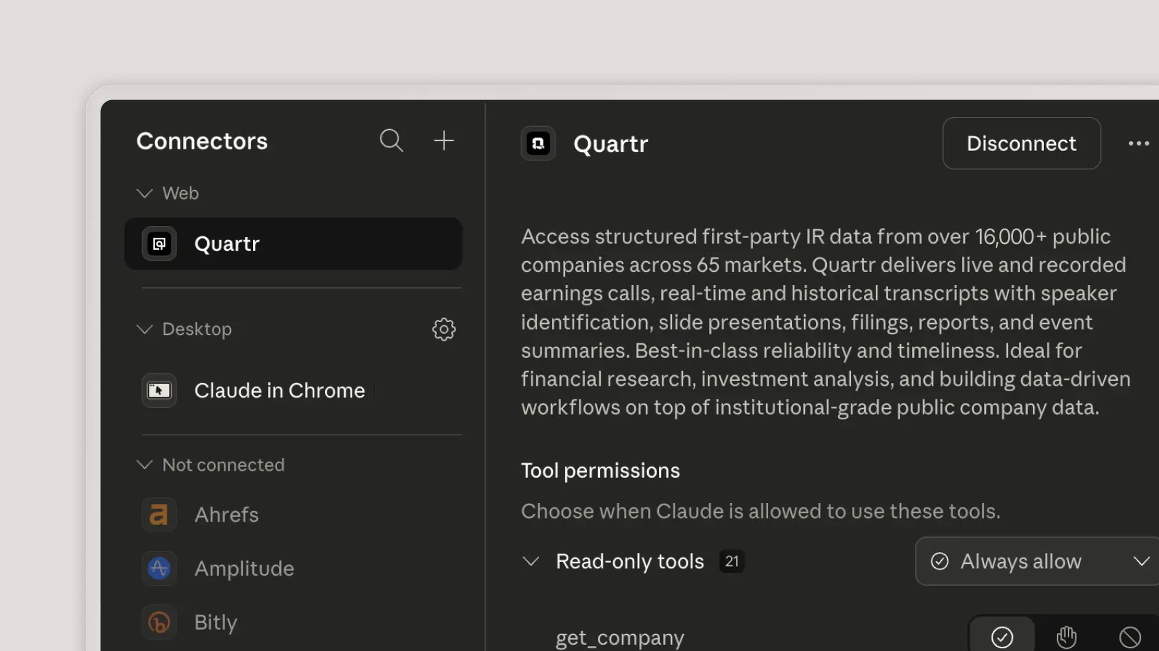 Claude's connector settings showing the Quartr connector and its read-only tools