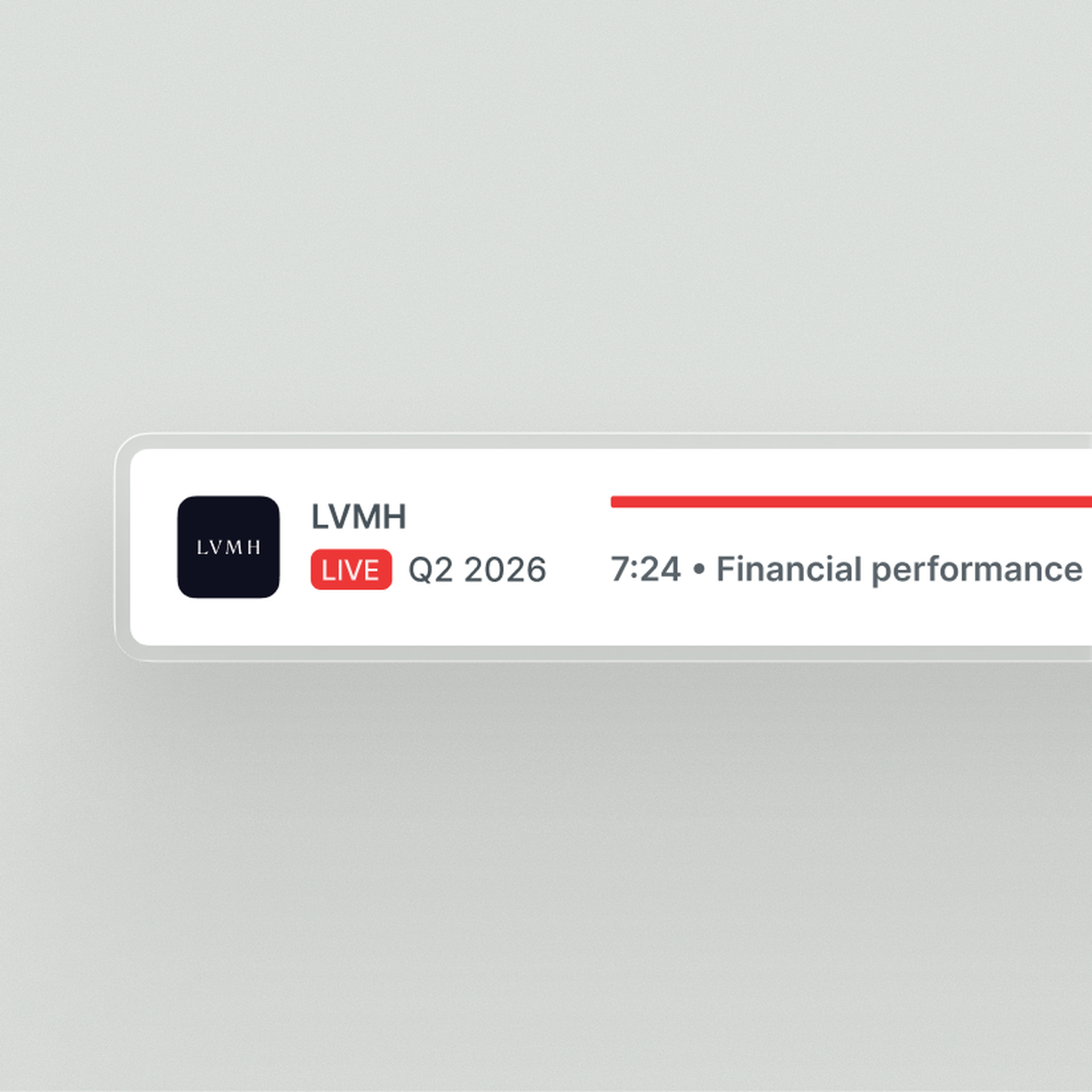 A live LVMH Q2 2026 earnings call playing in Quartr