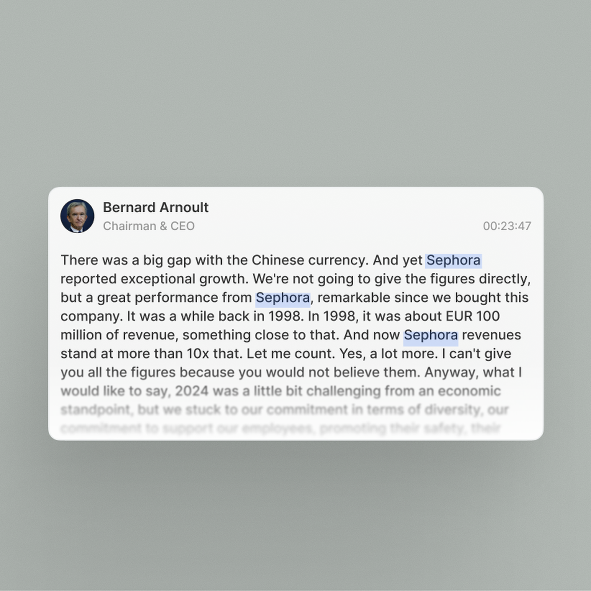 A live transcript excerpt from LVMH's Chairman and CEO Bernard Arnault